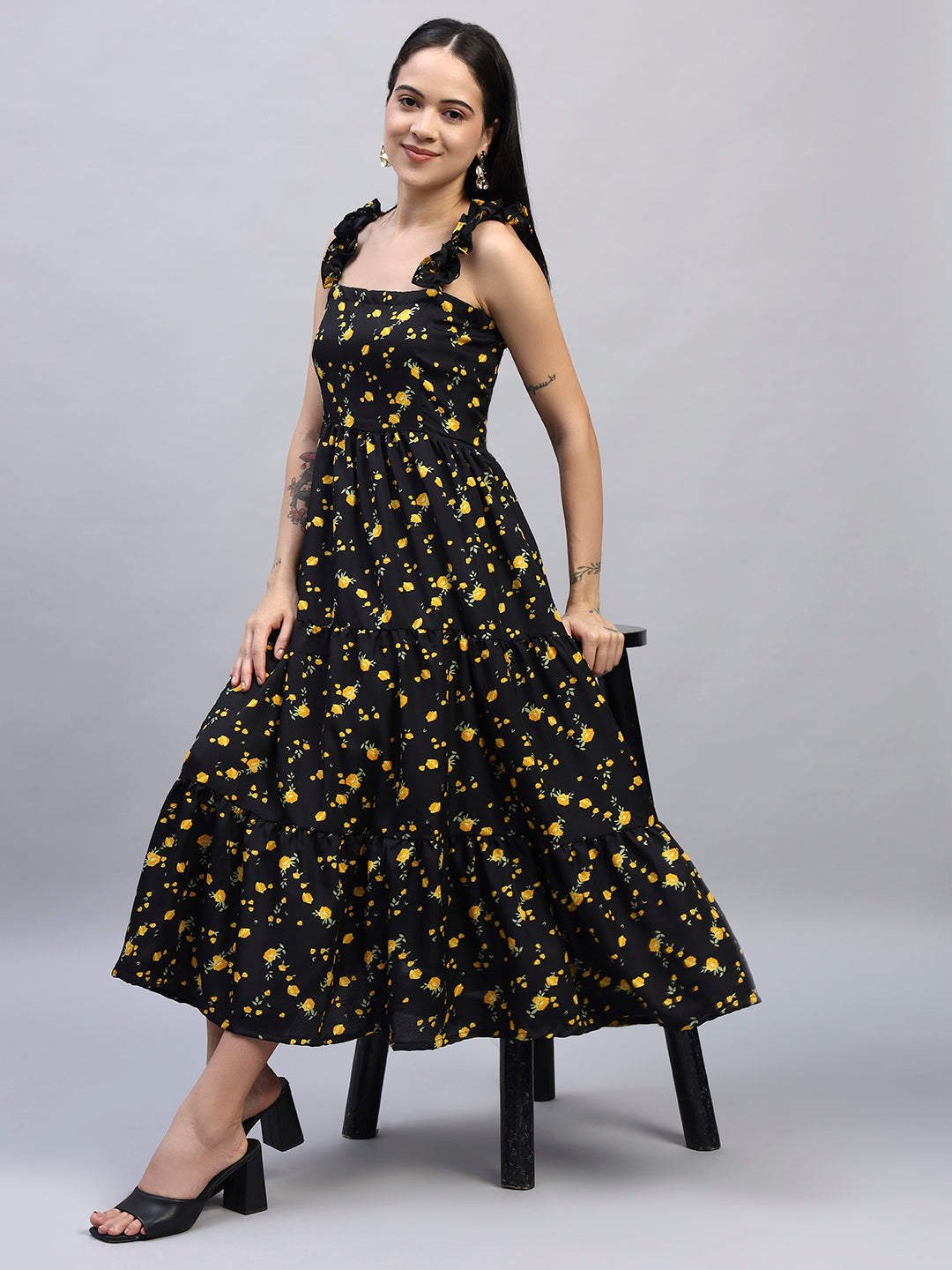Floral Printed Black & Yellow Dress