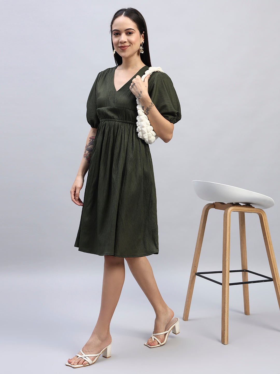 Women Dark Green Solid Flared Dress