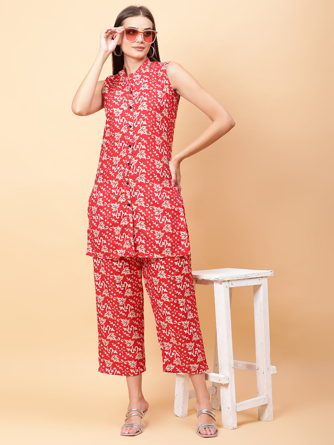Women Red Printed Shirt Co-Ords