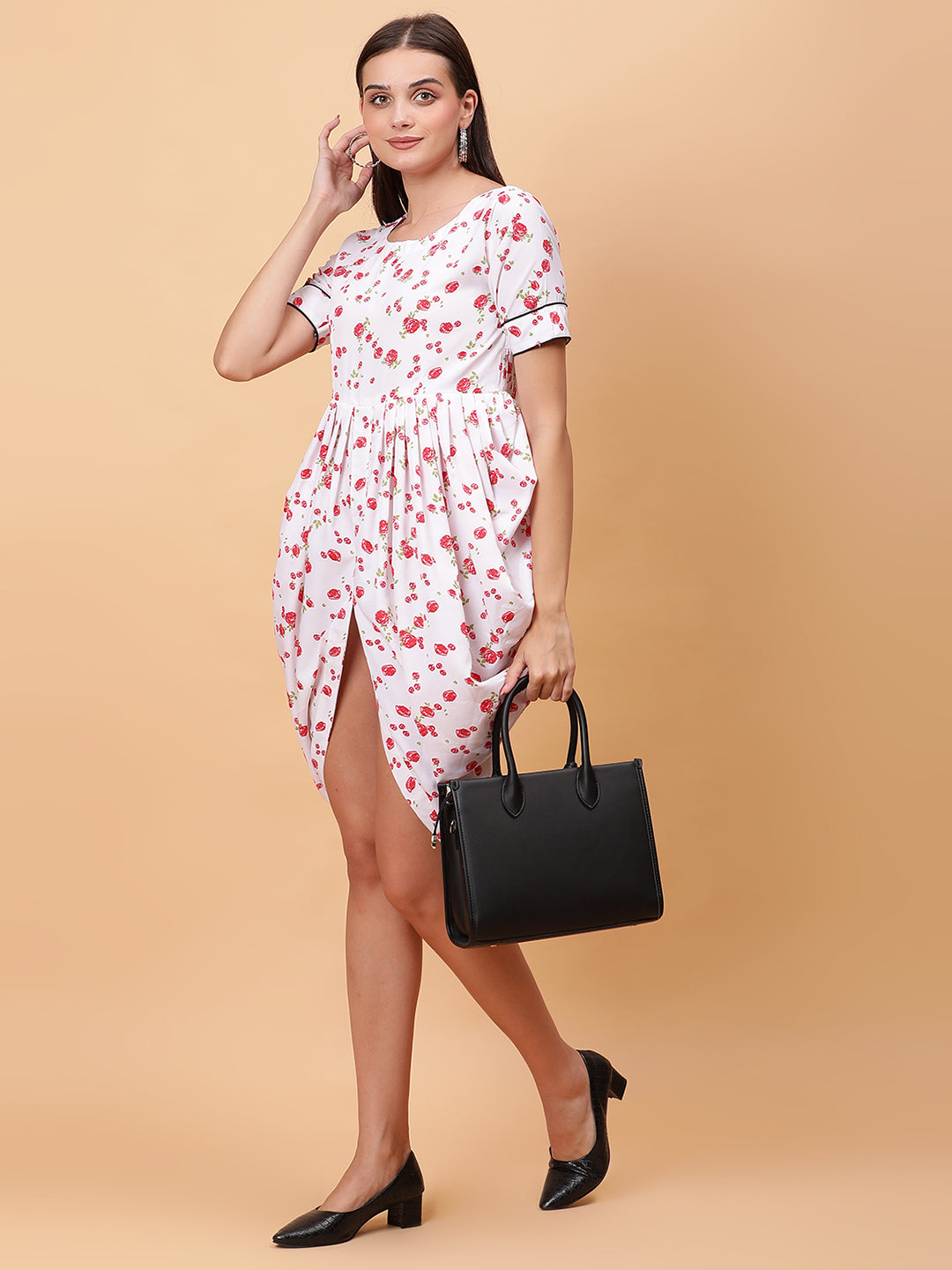 Women White & Pink Printed Dress