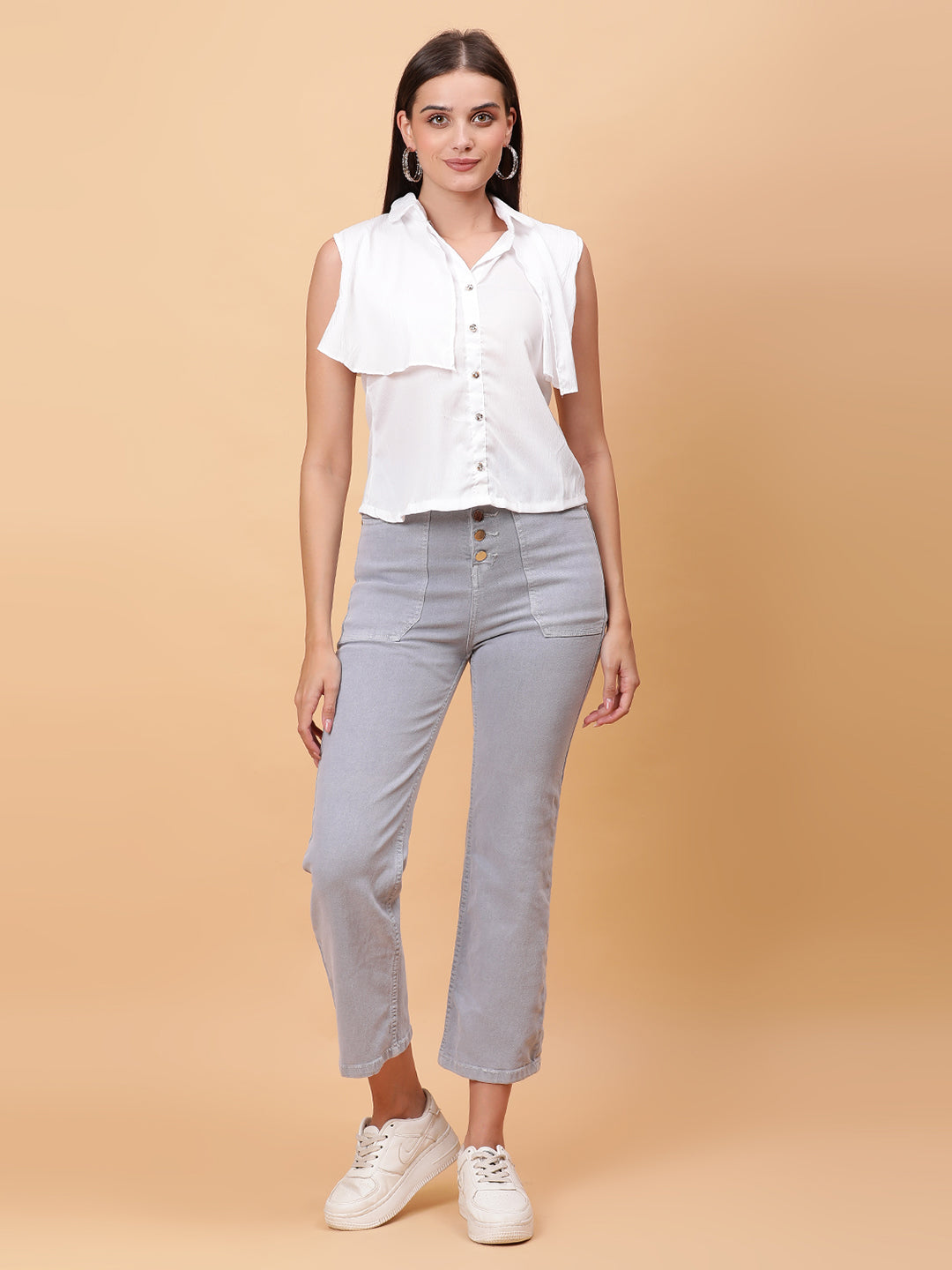 Women White Collar Neck Frill Crop Top