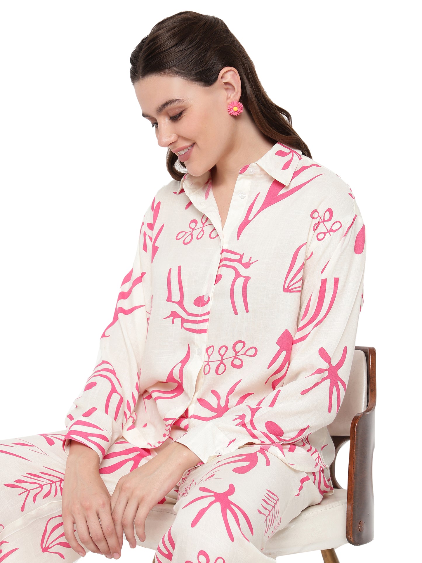 Women White & Pink Printed Shirt Plazzo Co-Ords