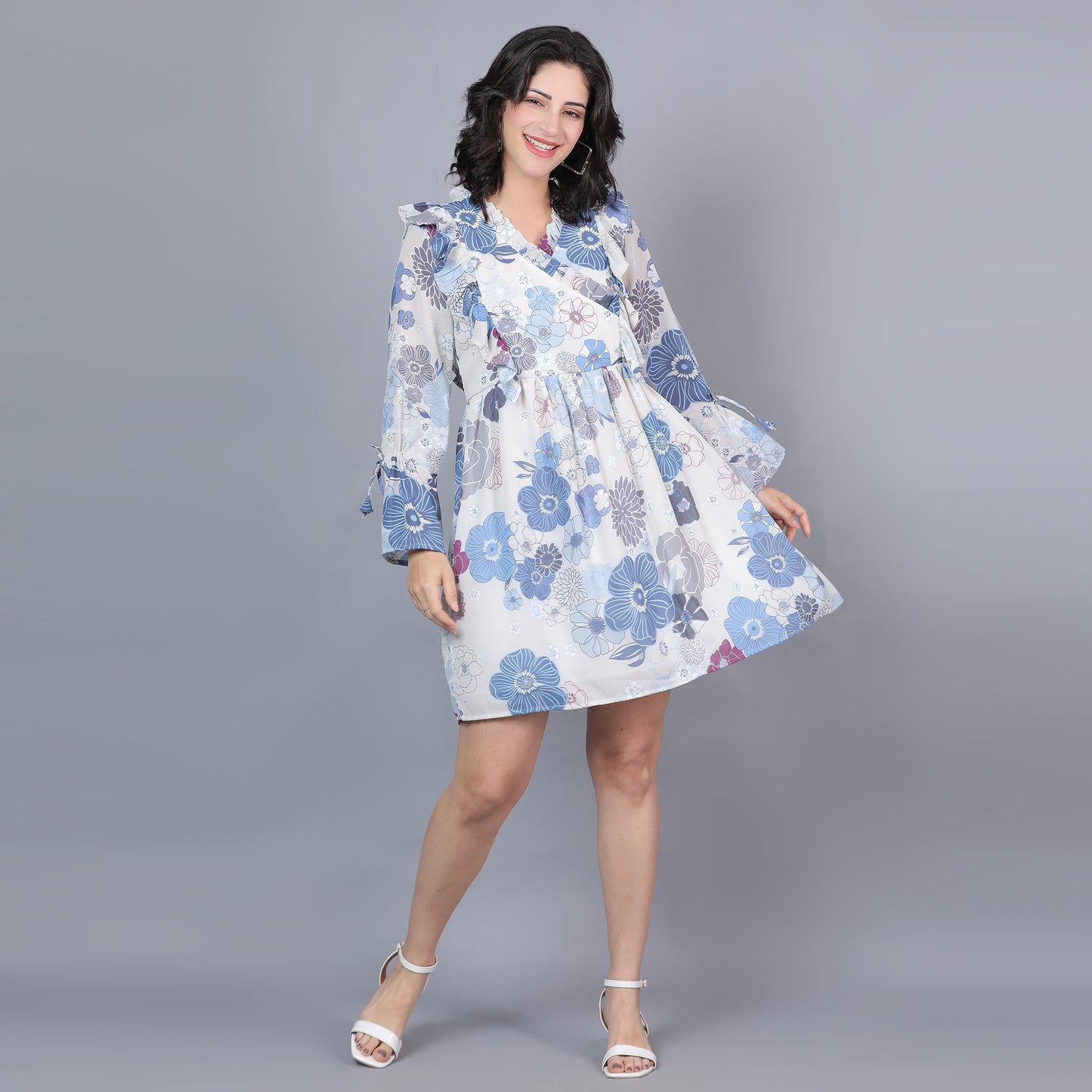 Women Blue & White Printed Flared Dress