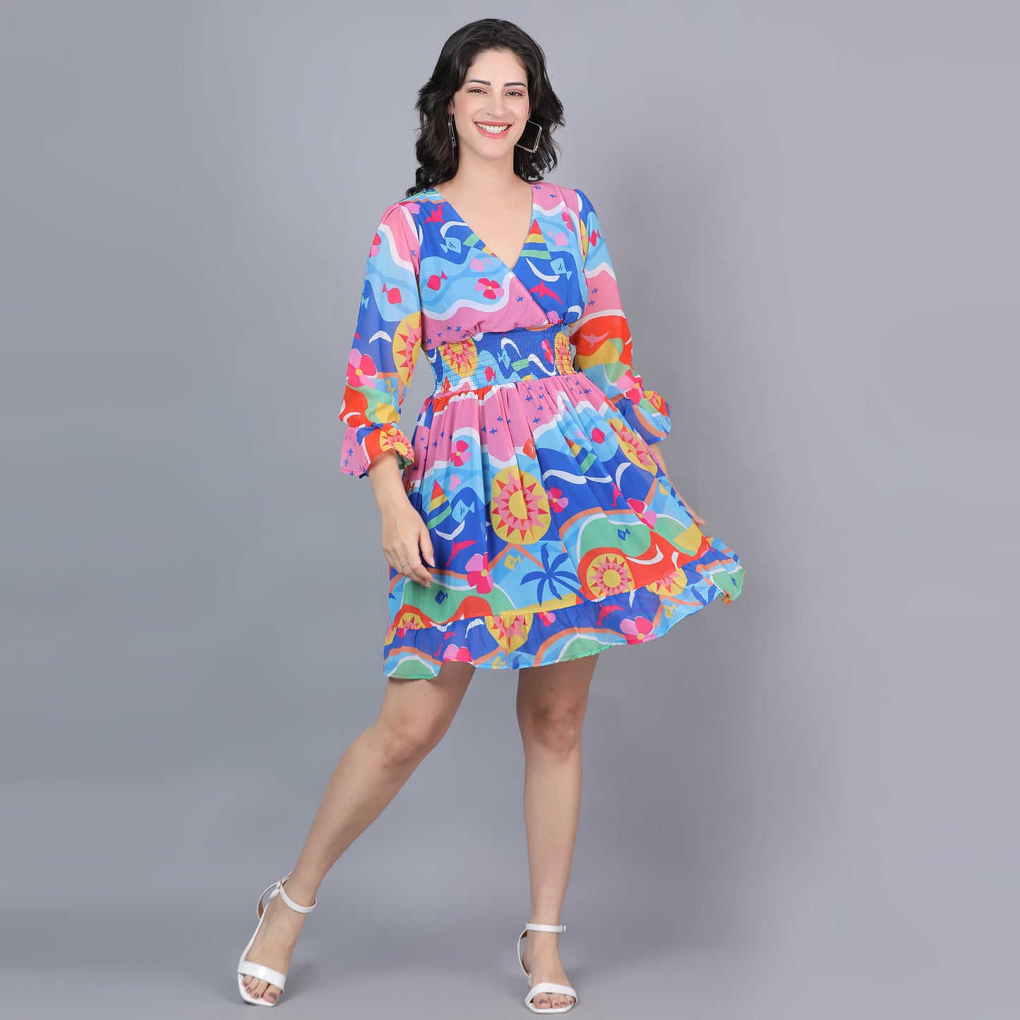 Women Blue Printed Flared Dress