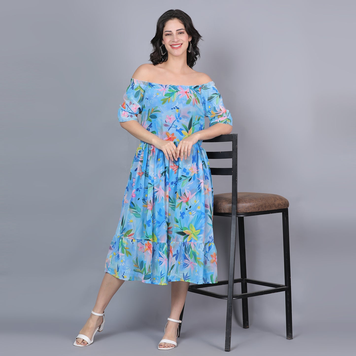 Women Blue Printed Flared Dress