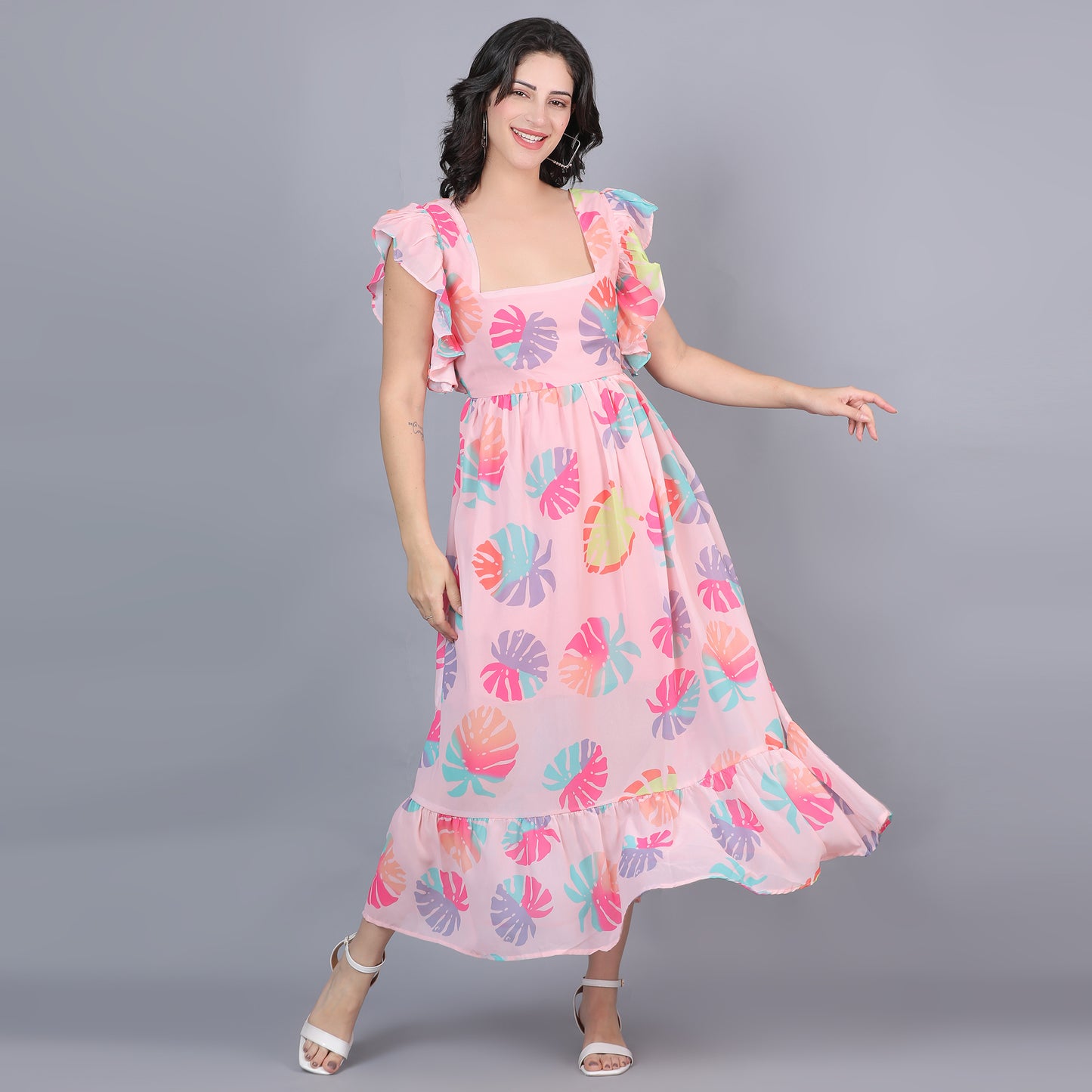 Women Peach Printed Flared Dress