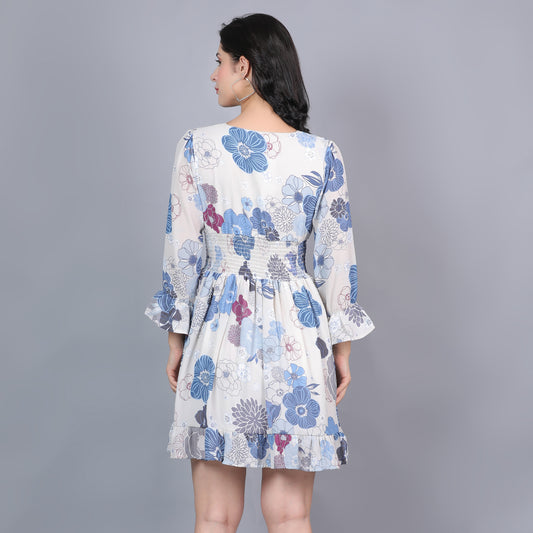 Women White & Blue Printed Flared Dress