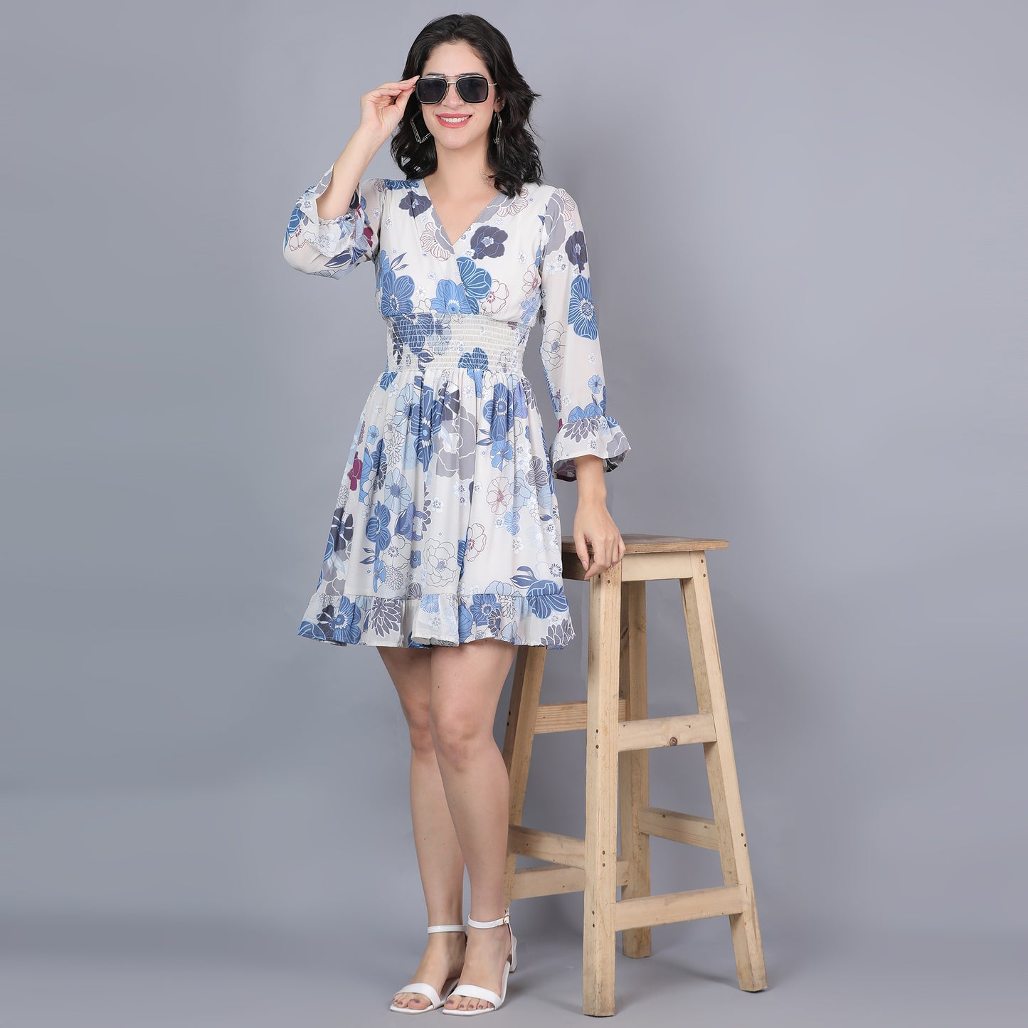 Women White & Blue Printed Flared Dress