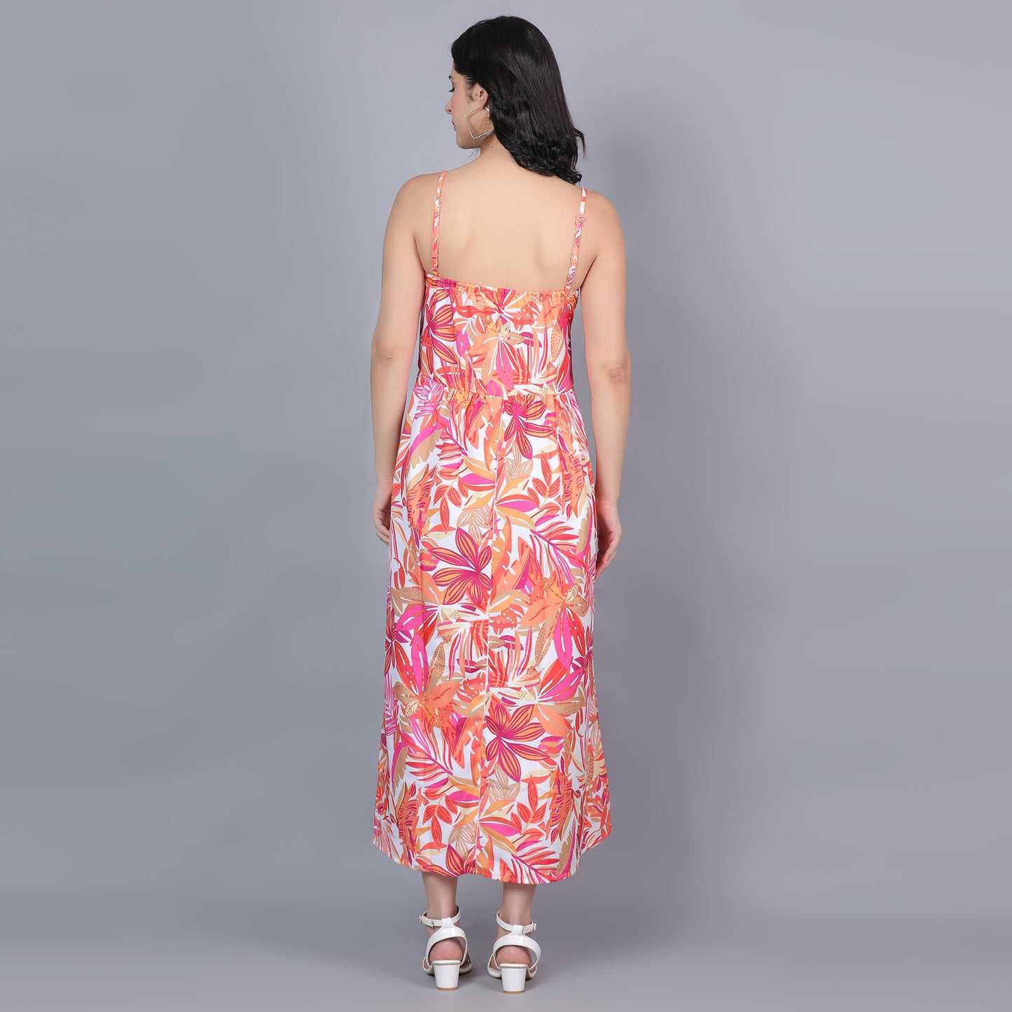 Women Orange Floral Strappy Maxi Dress