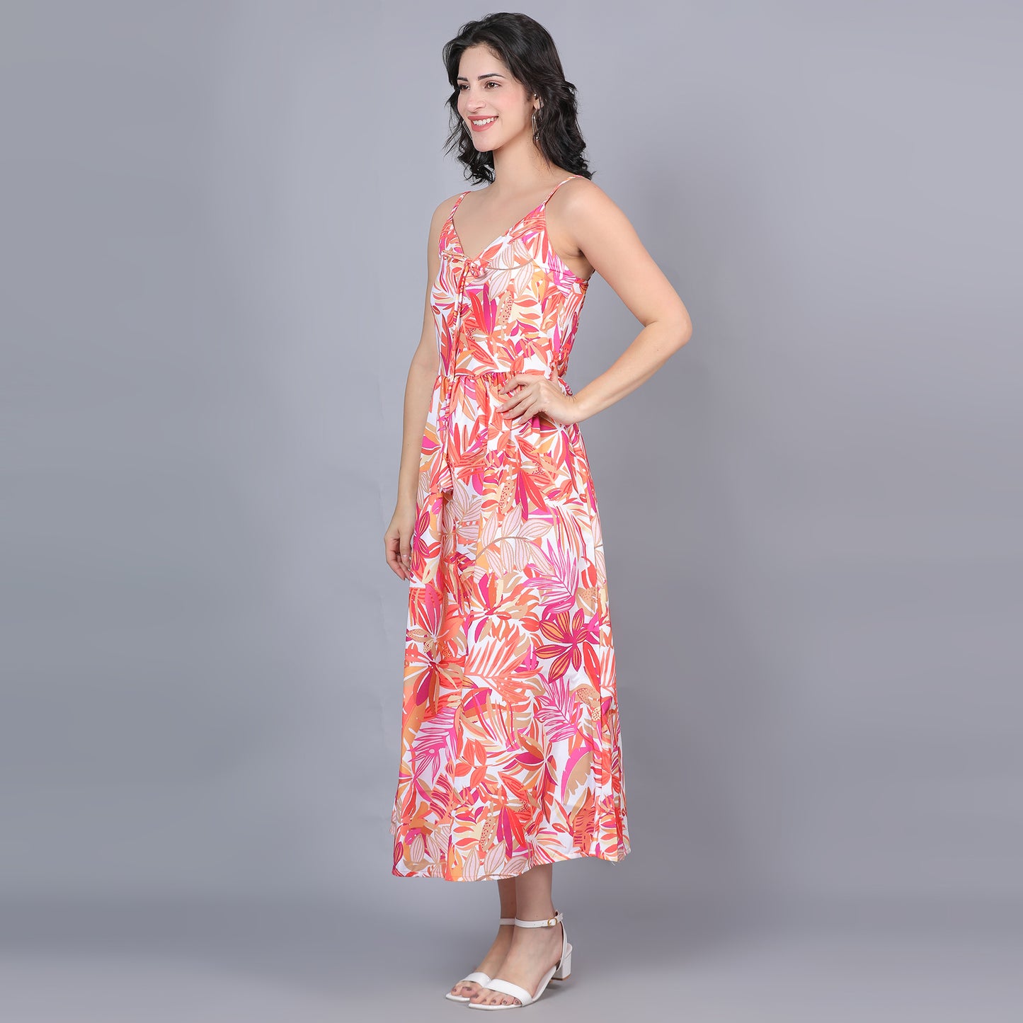 Women Orange Floral Strappy Maxi Dress