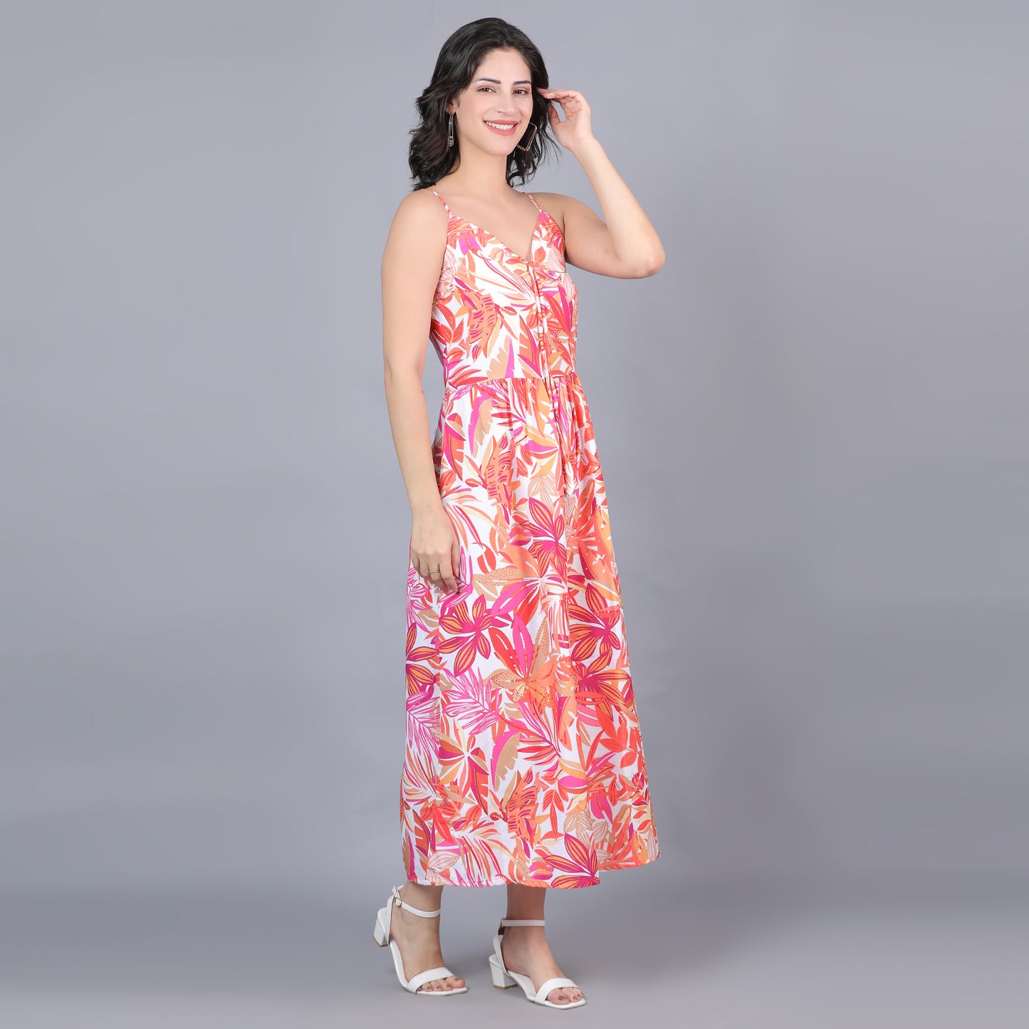 Women Orange Floral Strappy Maxi Dress