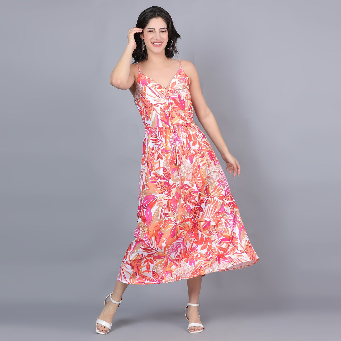 Women Orange Floral Strappy Maxi Dress