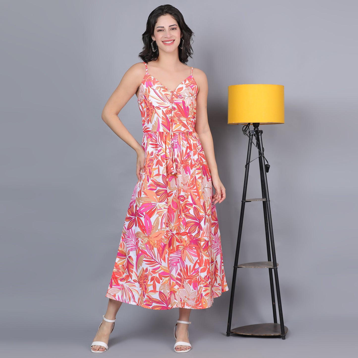 Women Orange Floral Strappy Maxi Dress