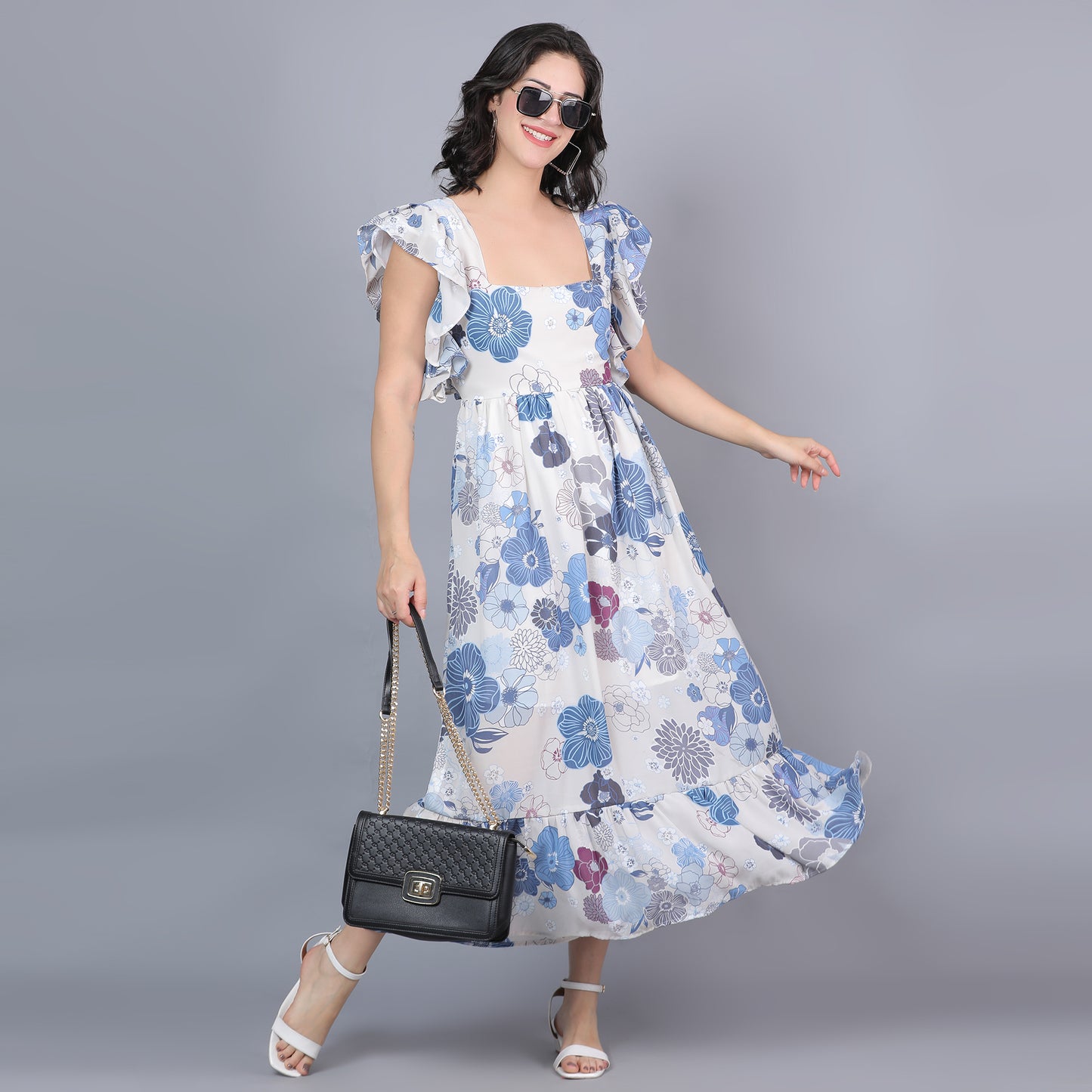 Women White & Blue Printed Flared Dress