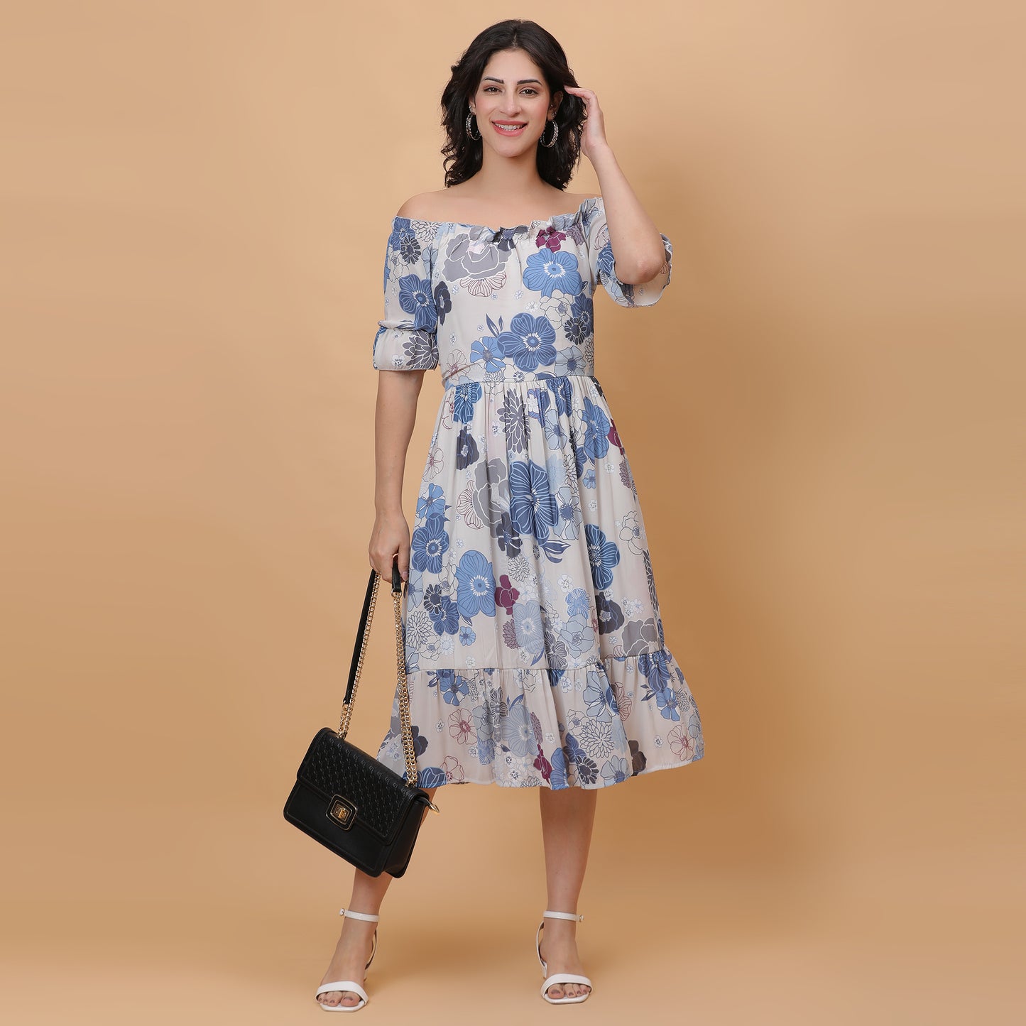 Women White & Blue Printed Flared Dress