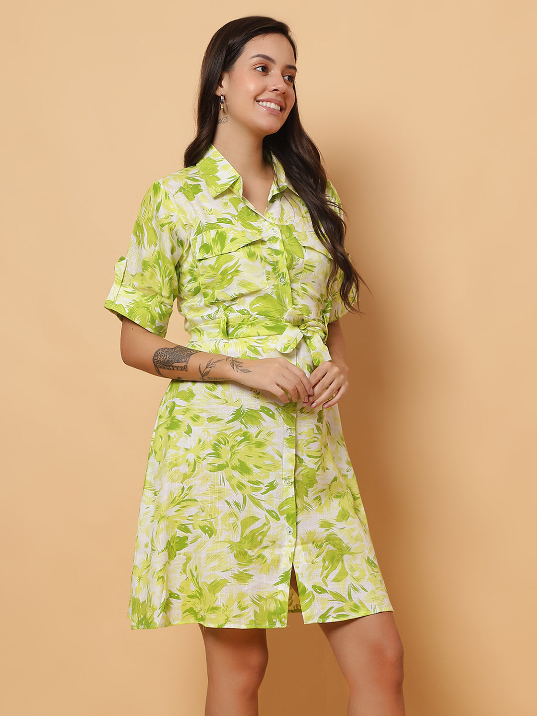 Women Green Floral Shirt Style Dress