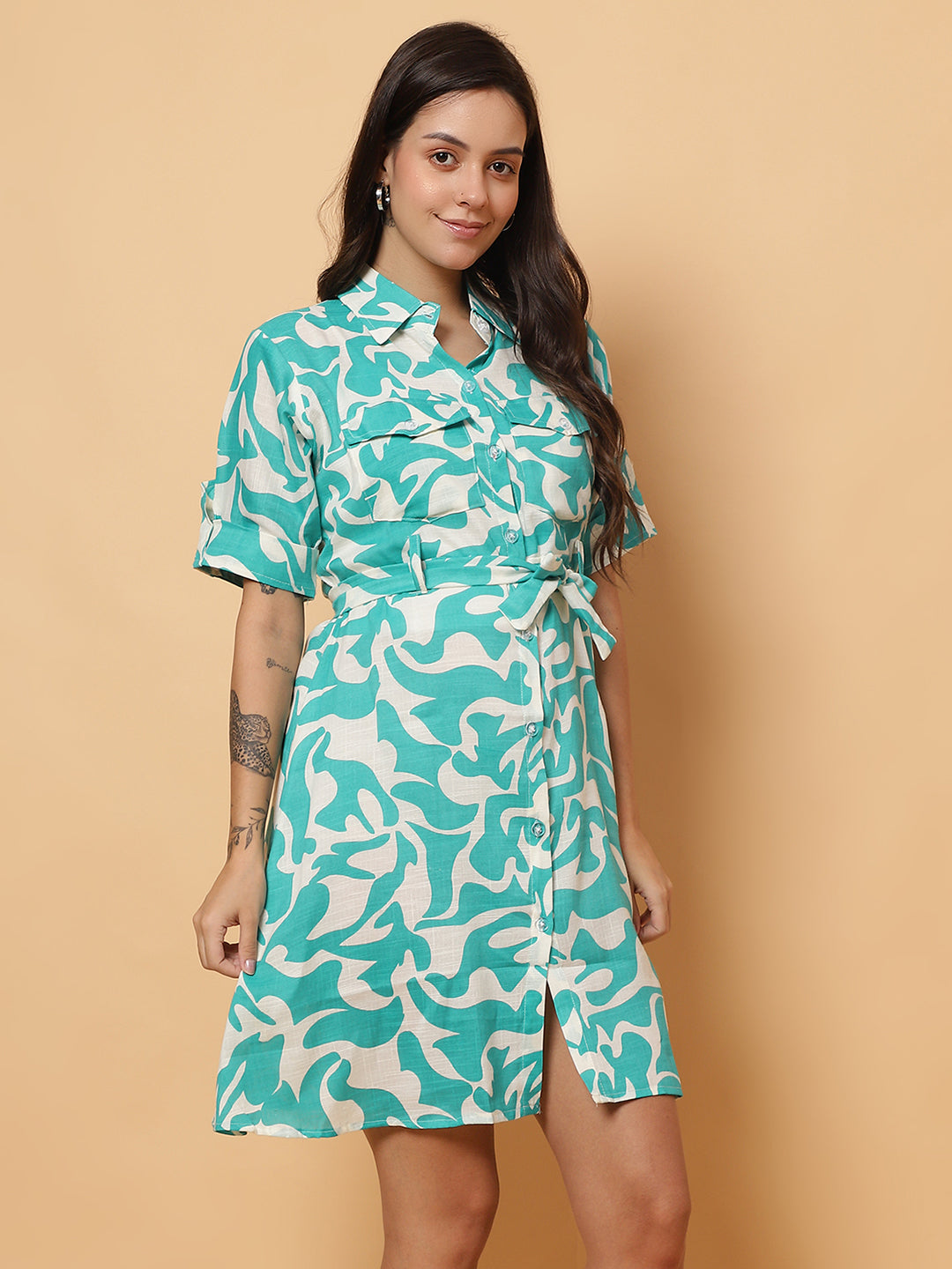 Women Green Printed Shirt Style Dress