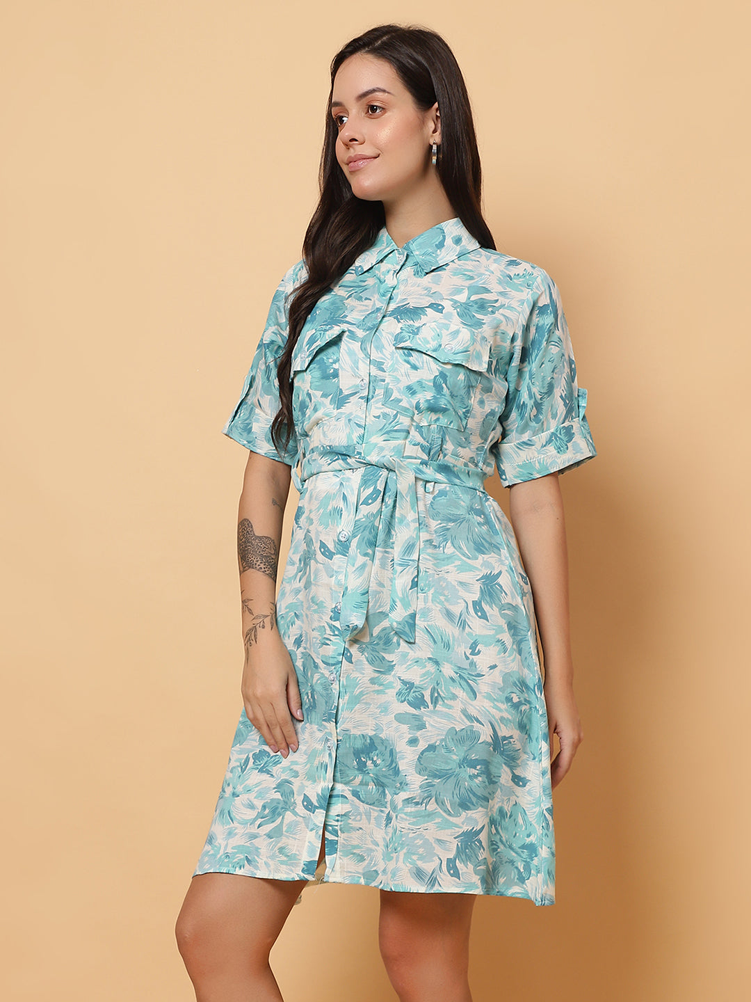 Women Blue Floral Shirt Style Dress