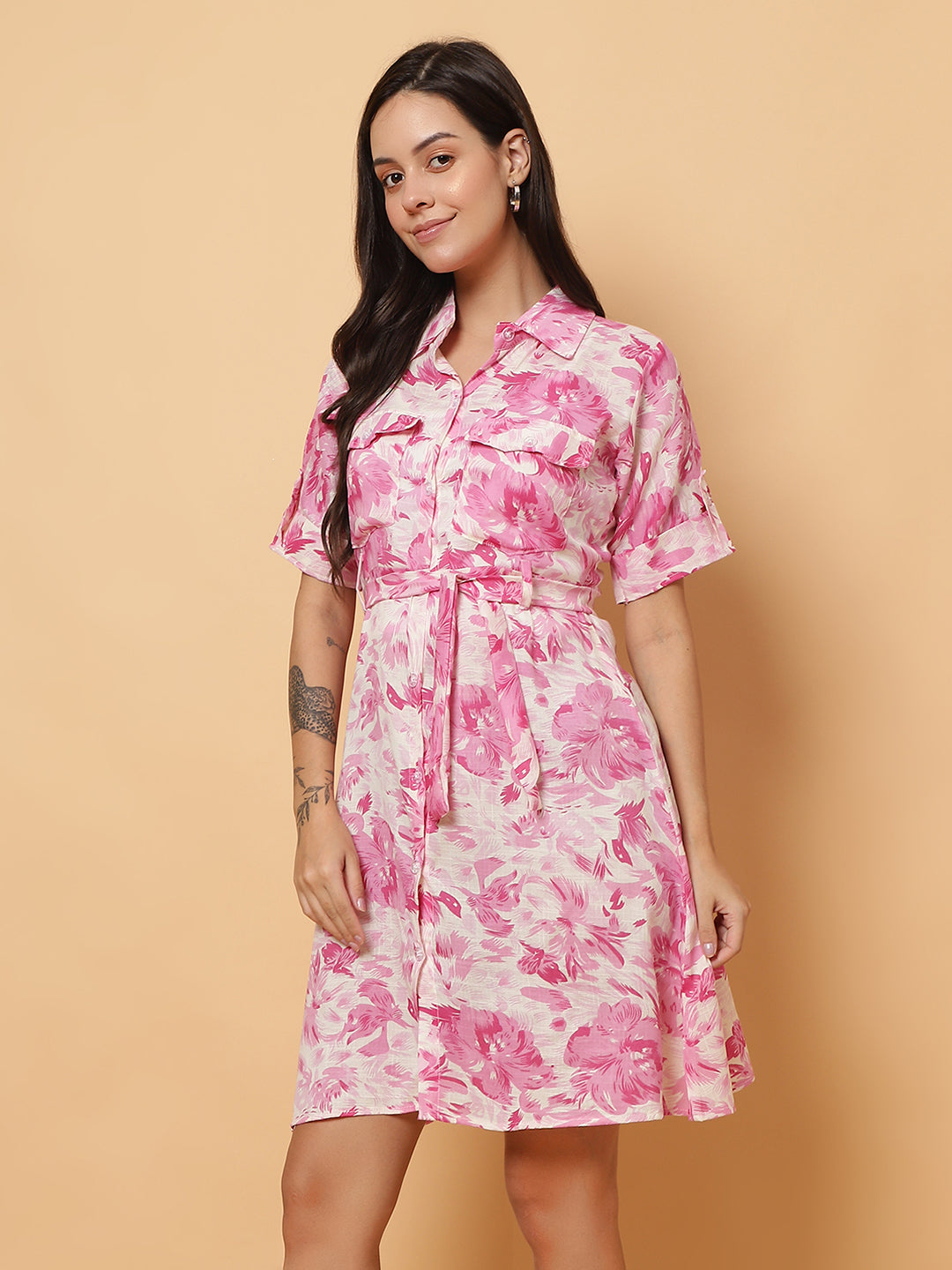 Women Pink Floral Shirt Style Dress
