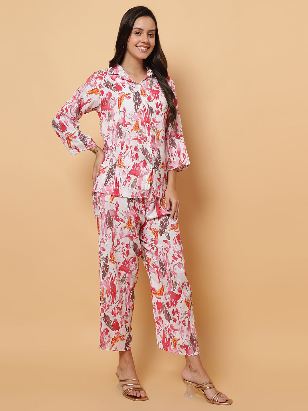 Women Red Abstract Printed Shirt Style Co-Ords (Copy)