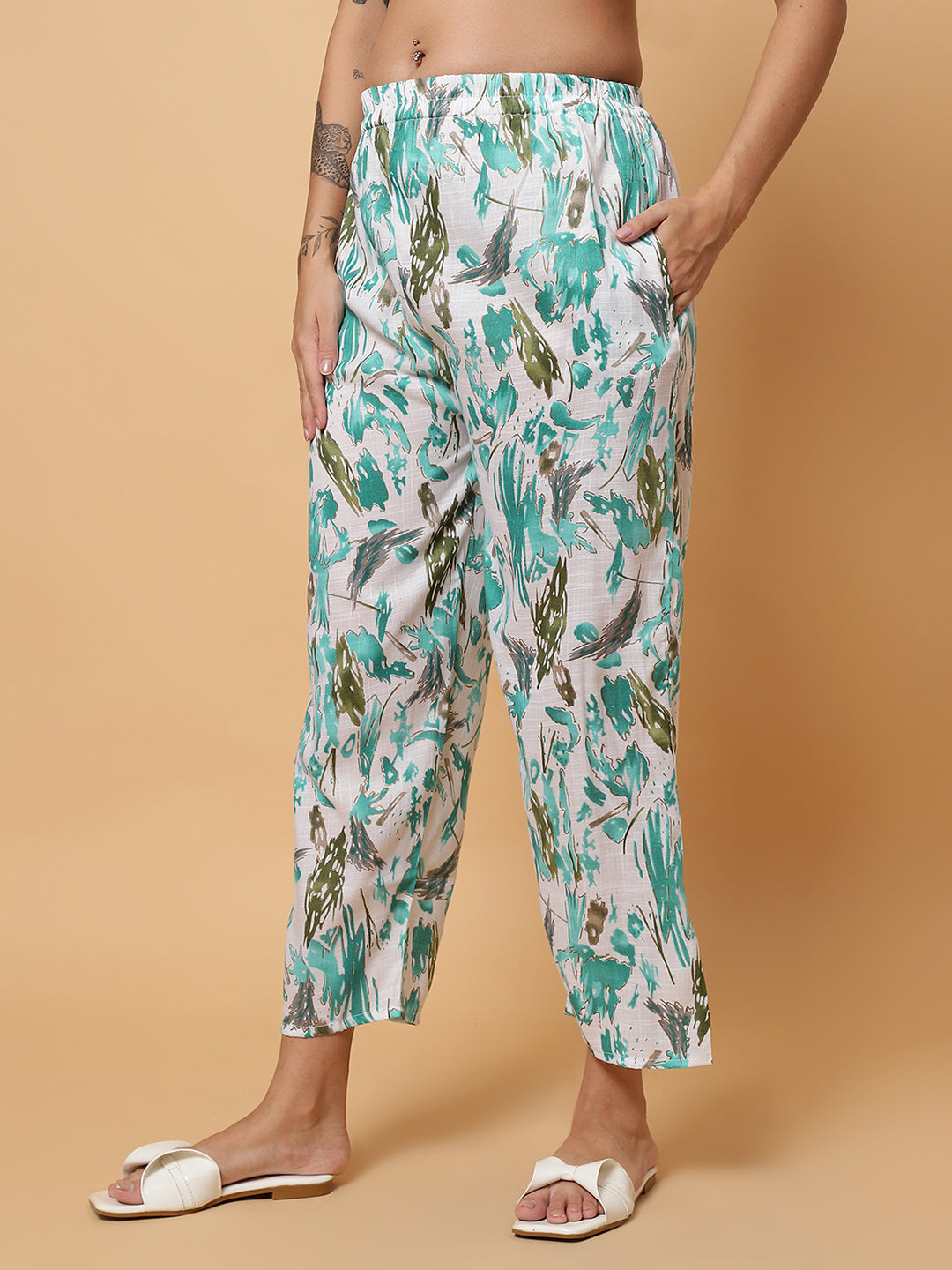 Women Green Abstract Printed Shirt Style Co-Ords