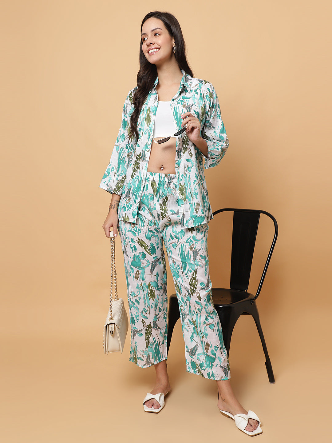 Women Green Abstract Printed Shirt Style Co-Ords
