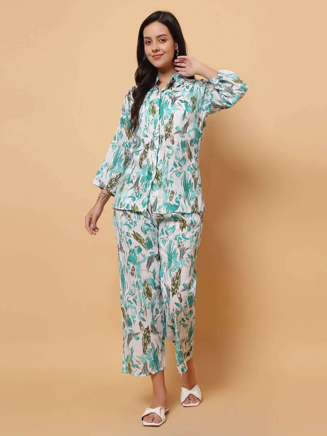 Women Green Abstract Printed Shirt Style Co-Ords