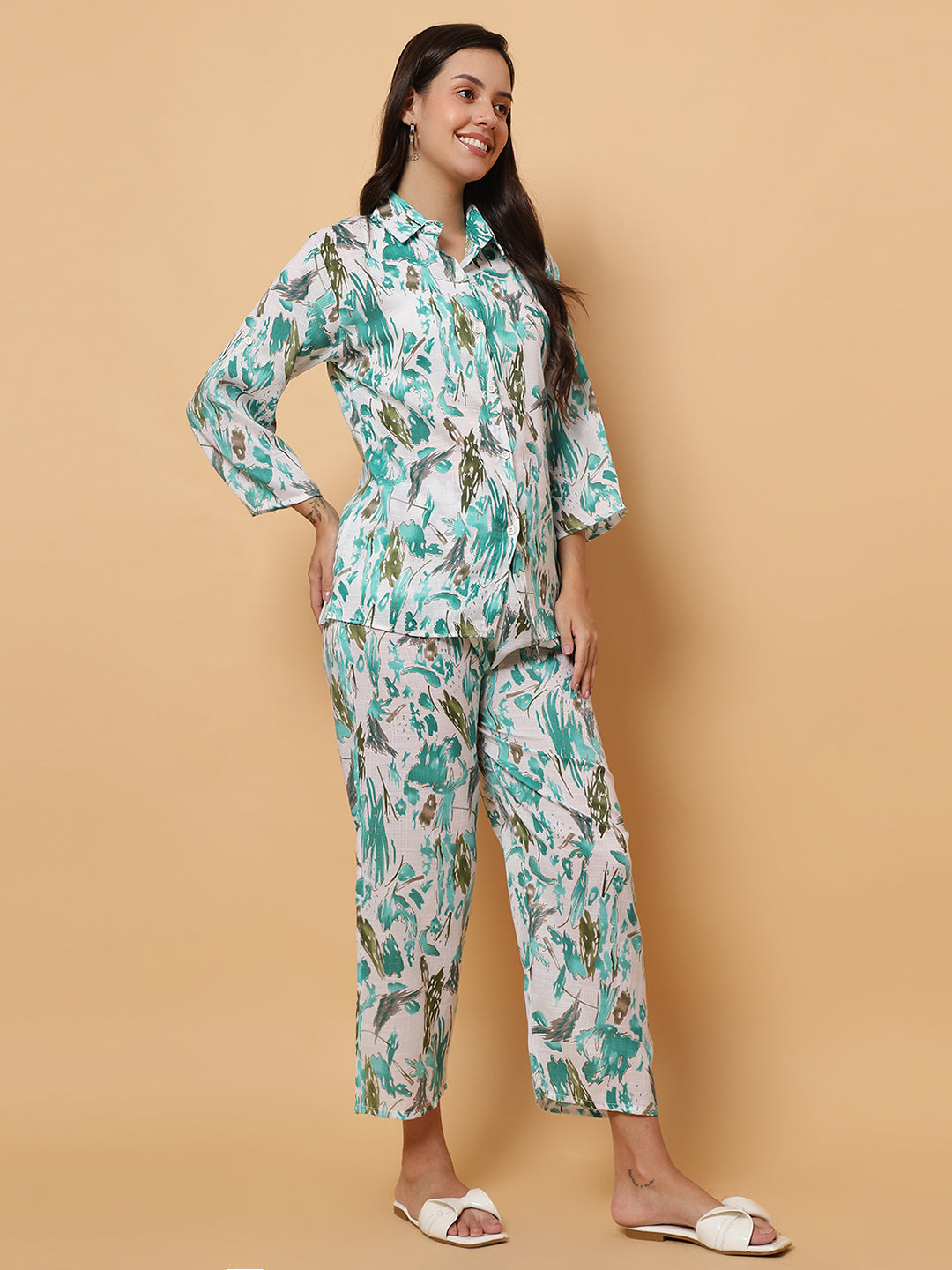 Women Green Abstract Printed Shirt Style Co-Ords