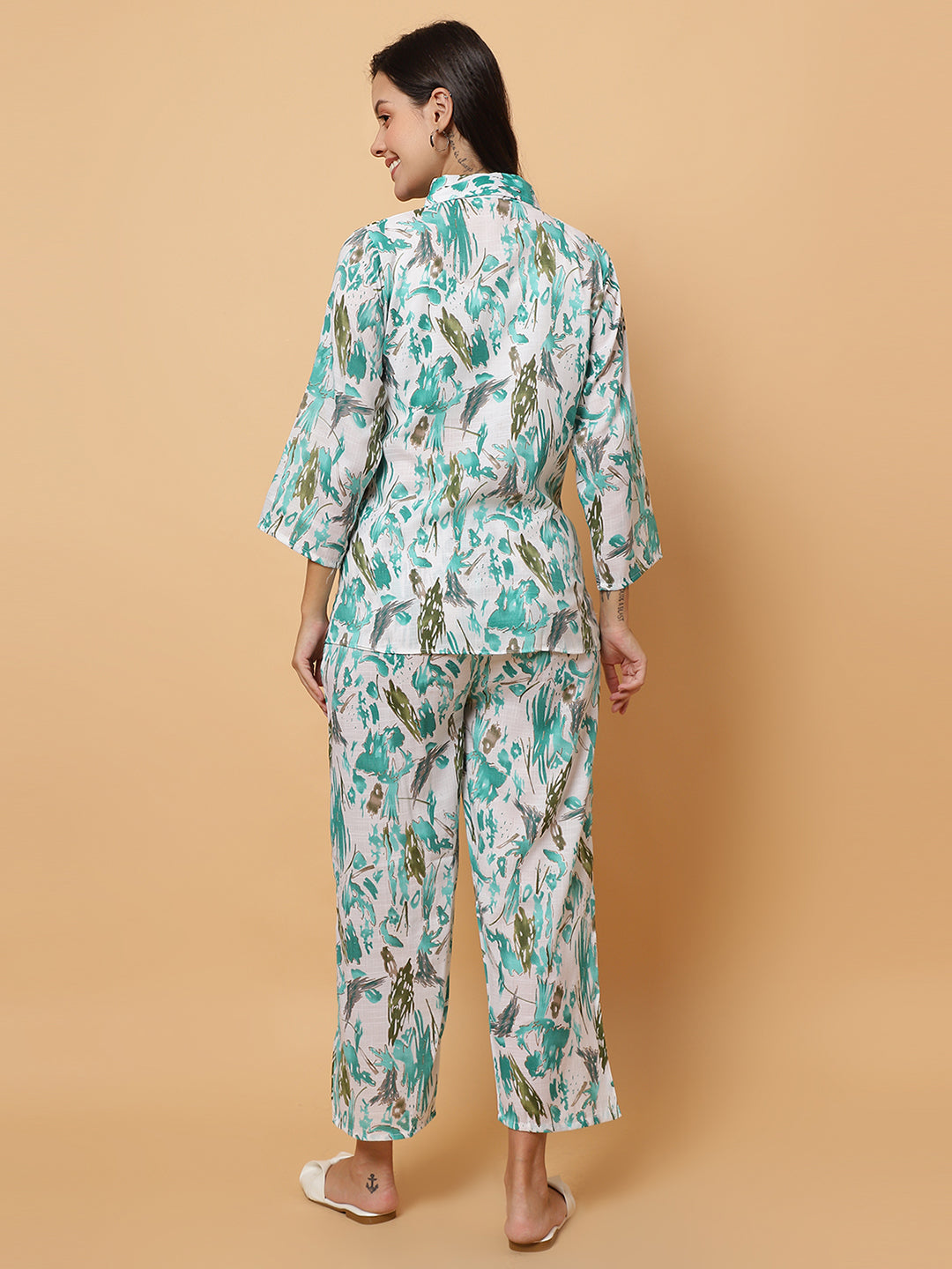 Women Green Abstract Printed Shirt Style Co-Ords