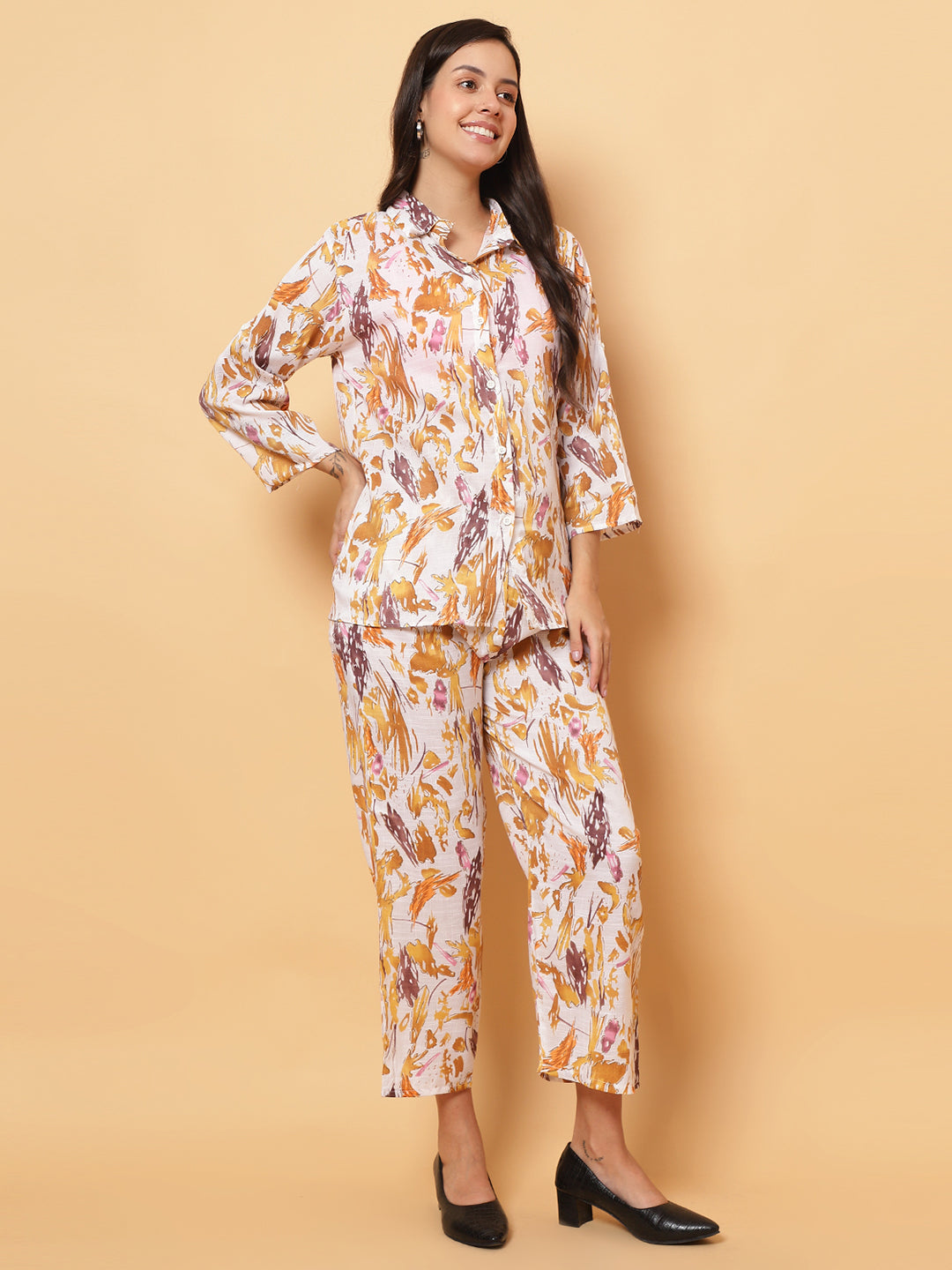 Women Yellow Abstract Printed Shirt Style Co-Ords (Copy)