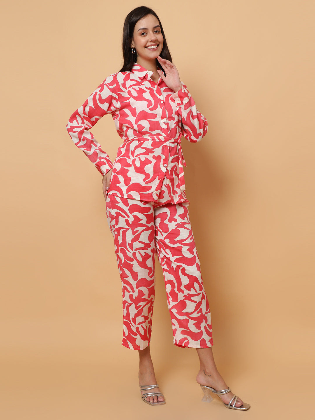 Women Red Printed Shirt Style Co-Ords