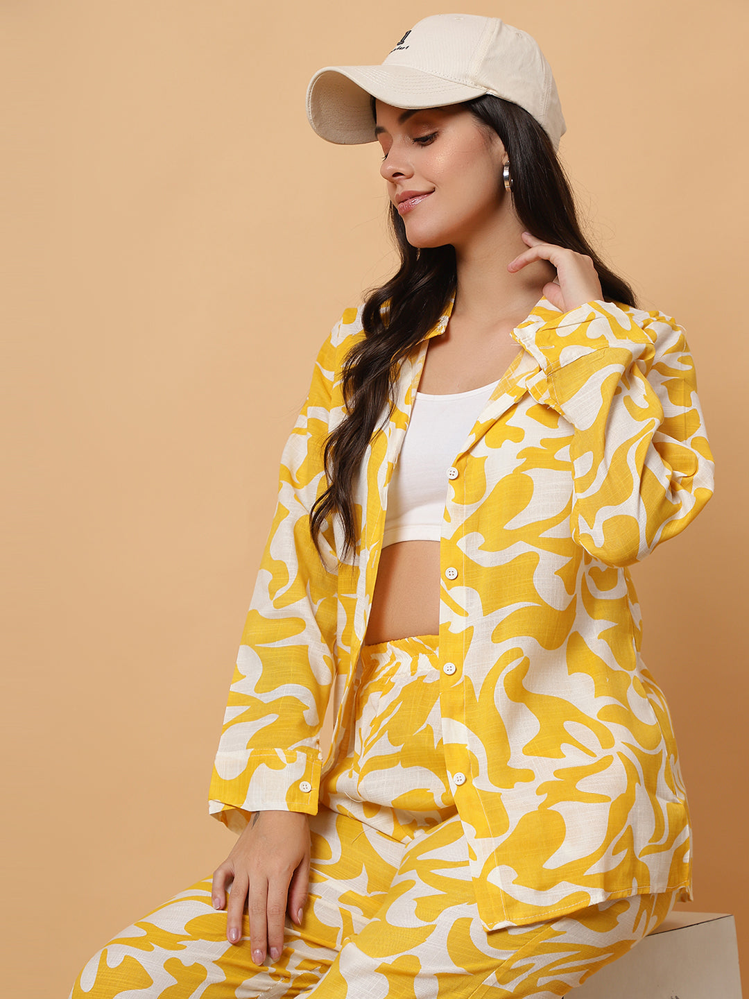 Women Yellow Printed Shirt Style Co-Ords