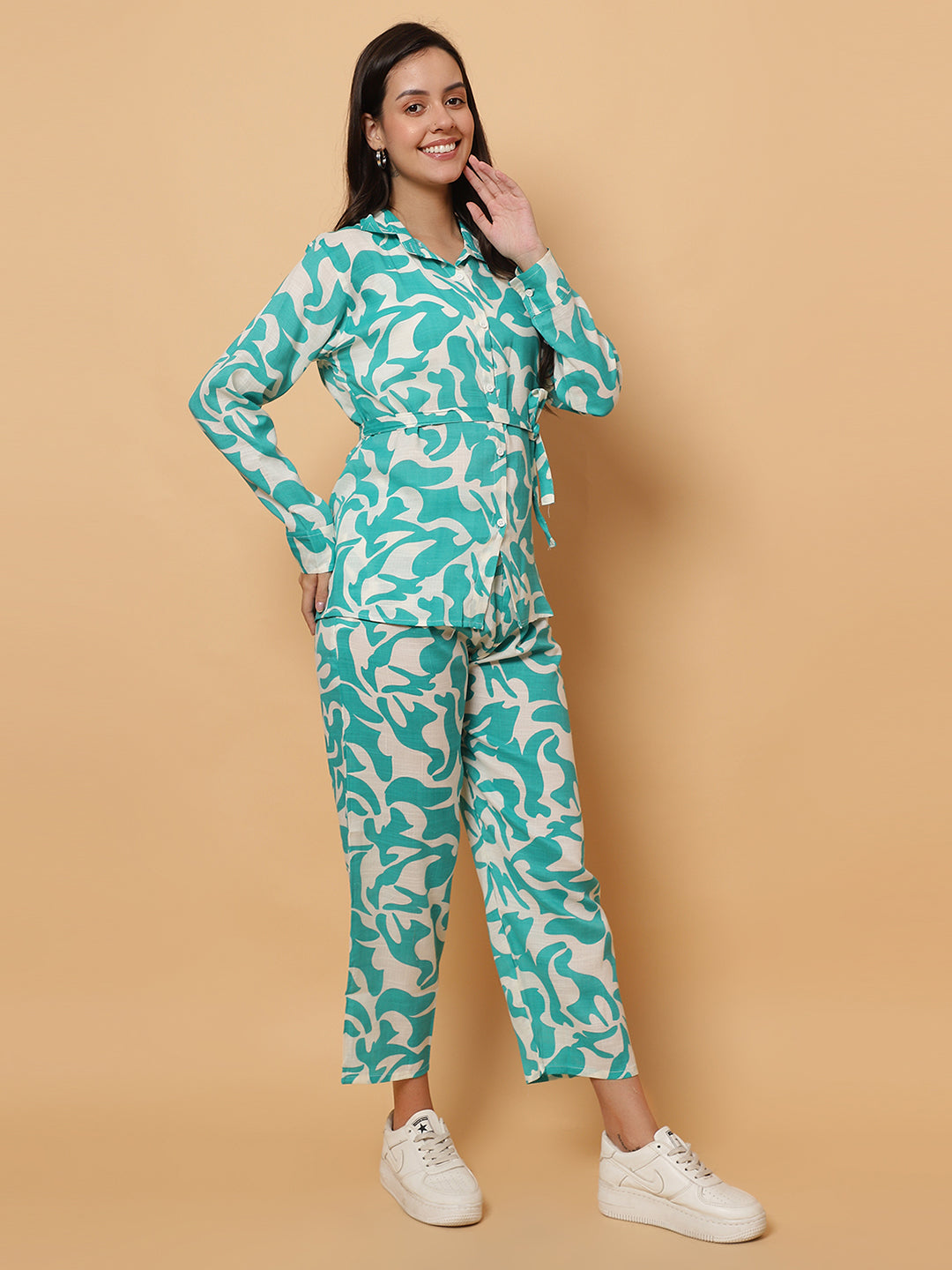 Women Green Printed Shirt Style Co-Ords