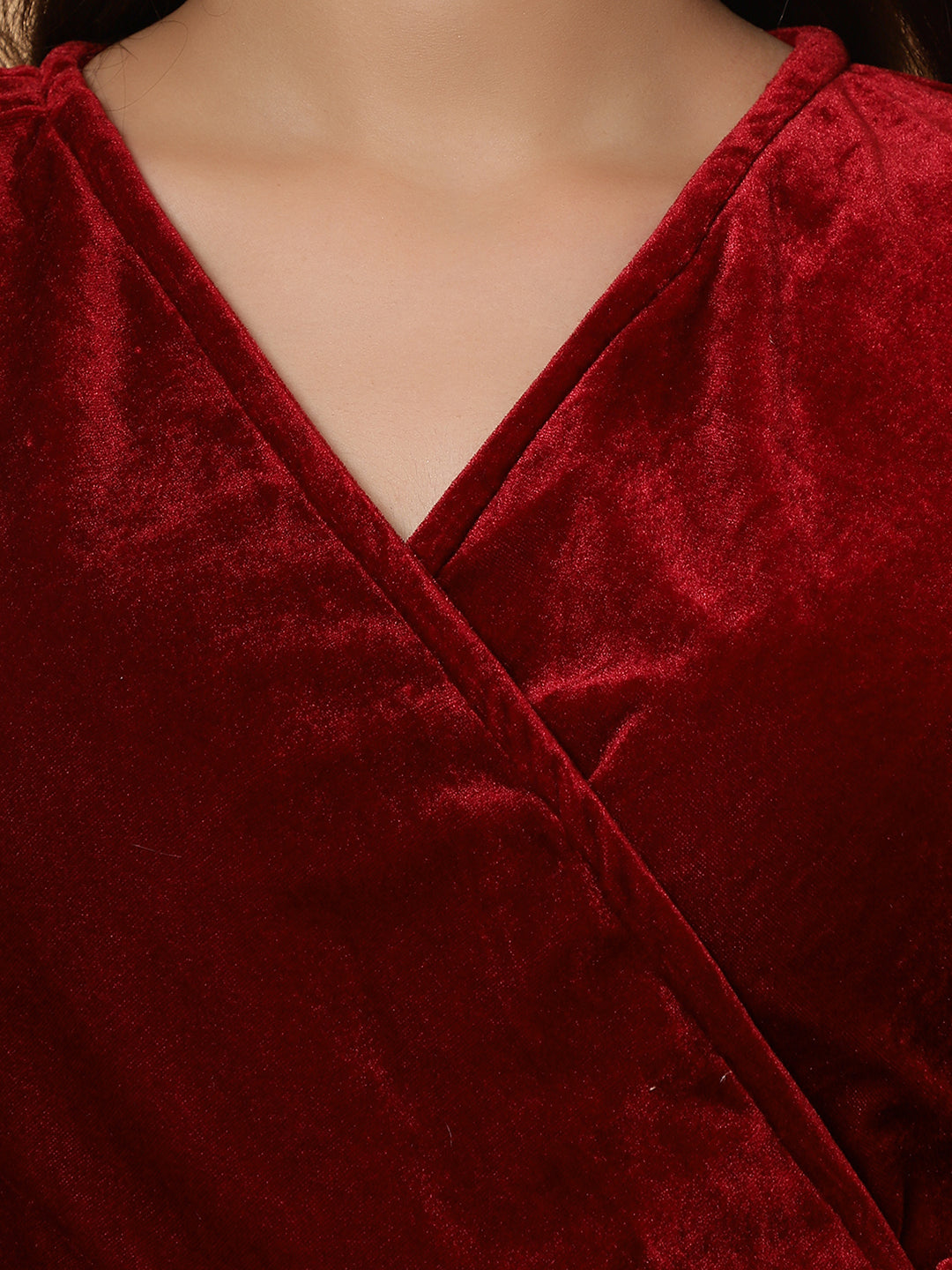 Women Maroon Velvet V-Neck Short Dress