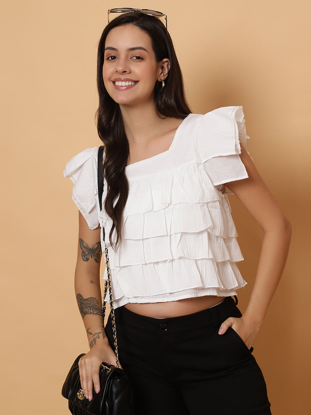 Women White Square Neck Layered Crop Top