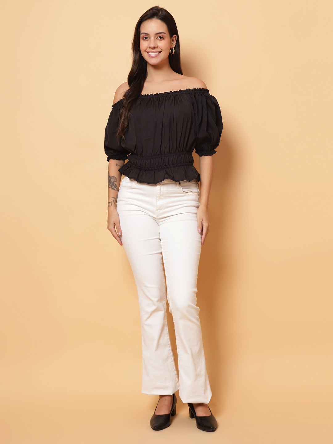 Women Black Off-Shoulder Pleated Crop Top