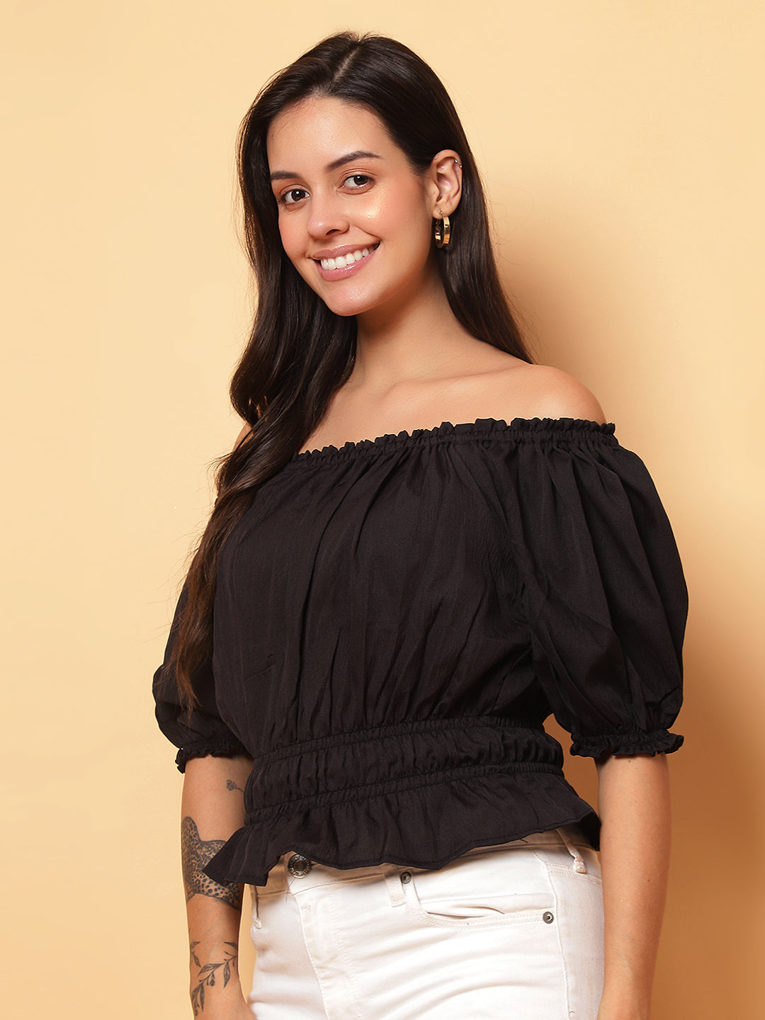 Women Black Off-Shoulder Pleated Crop Top