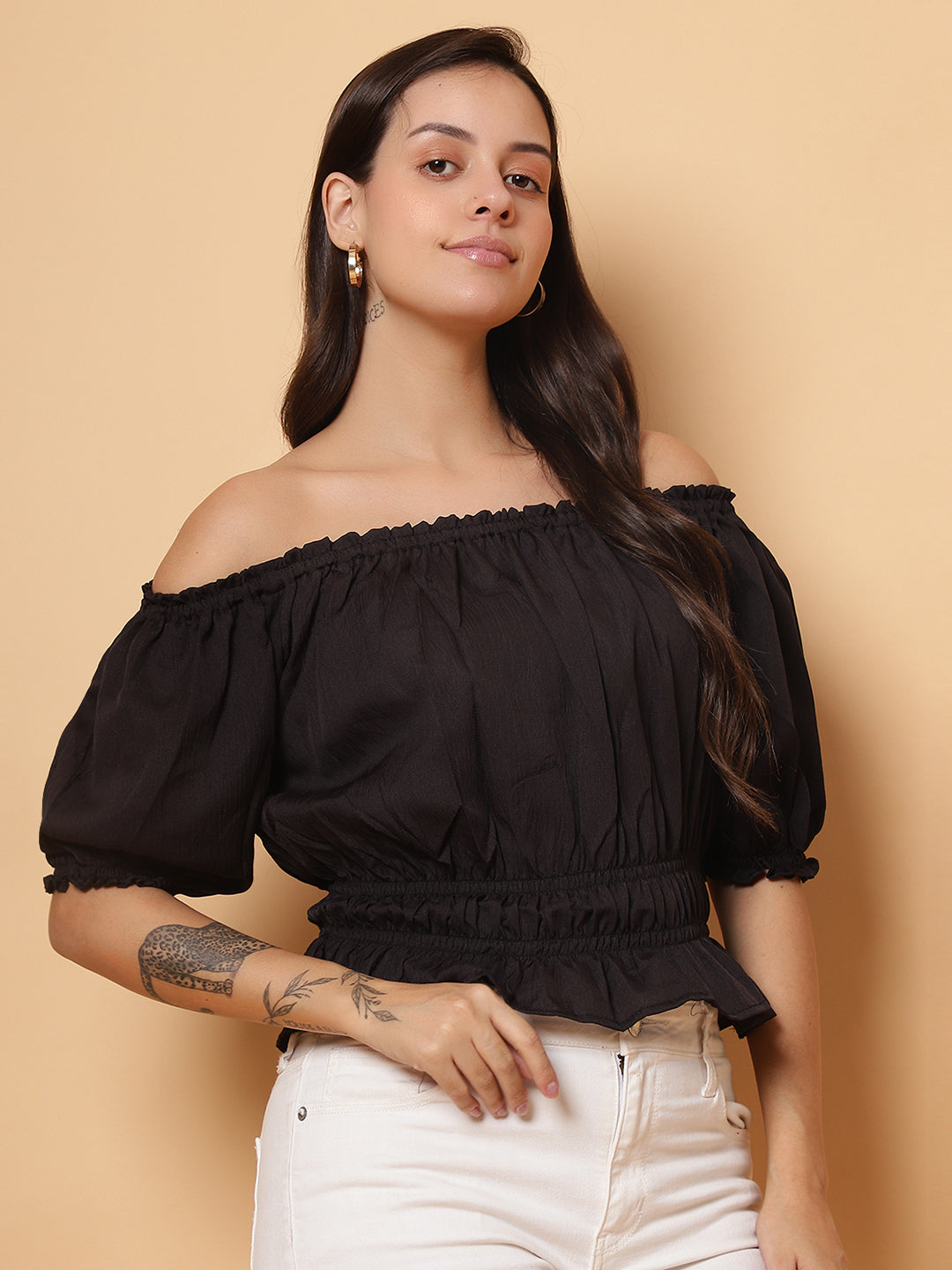 Women Black Off-Shoulder Pleated Crop Top
