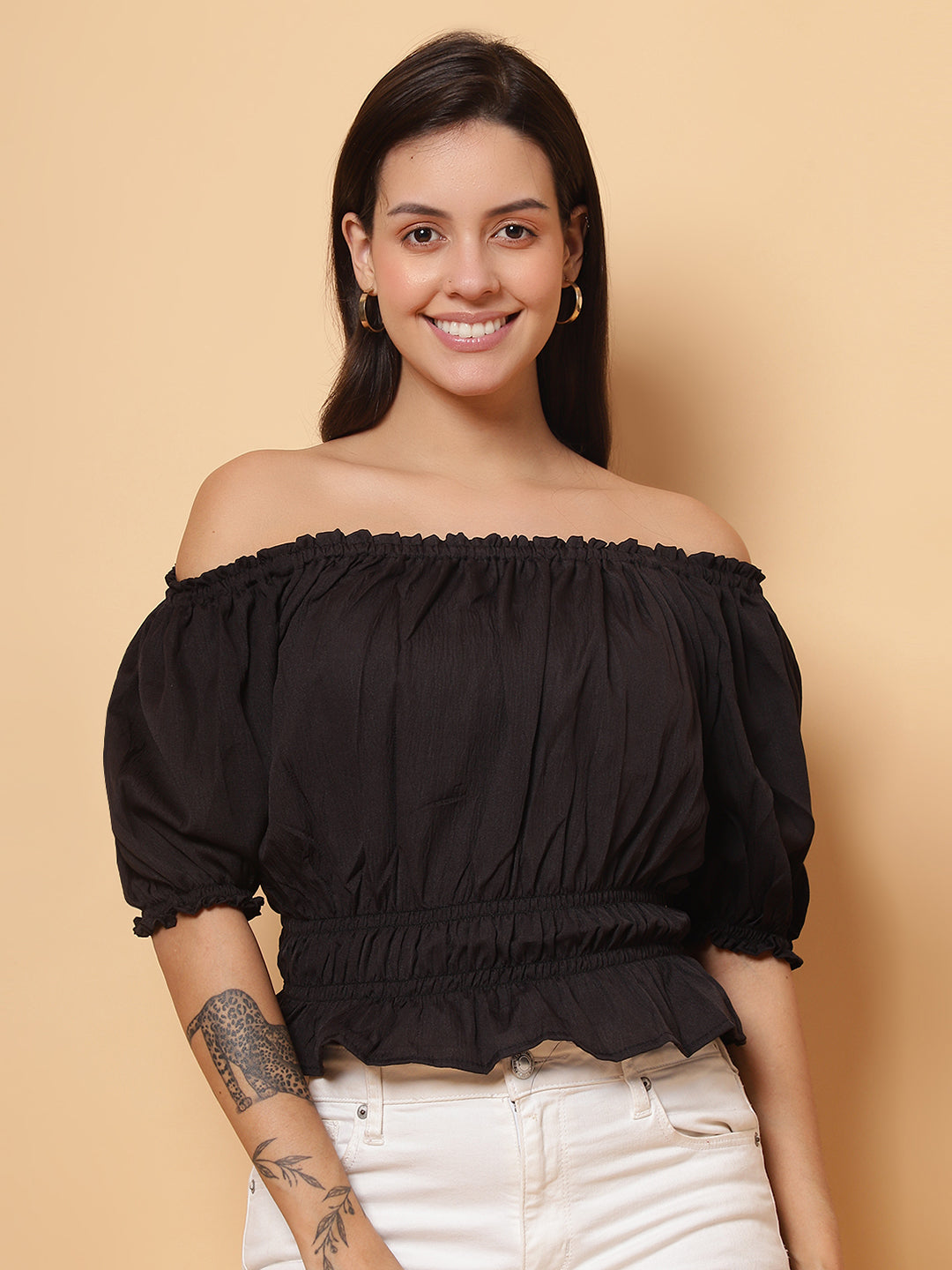 Women Black Off-Shoulder Pleated Crop Top
