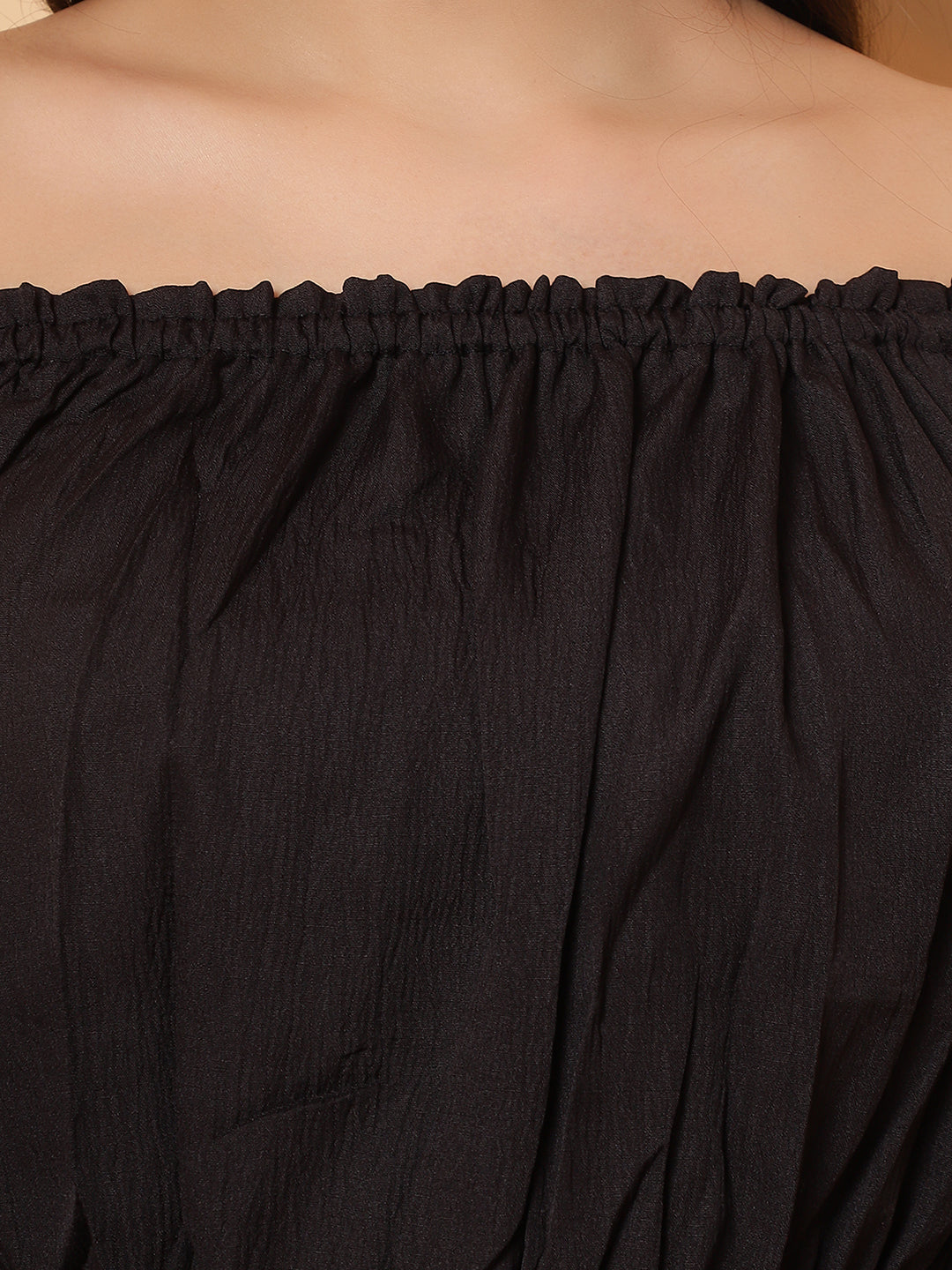 Women Black Off-Shoulder Pleated Crop Top