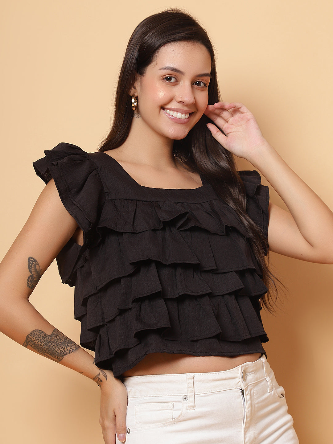 Women Black Square Neck Layered Crop Top