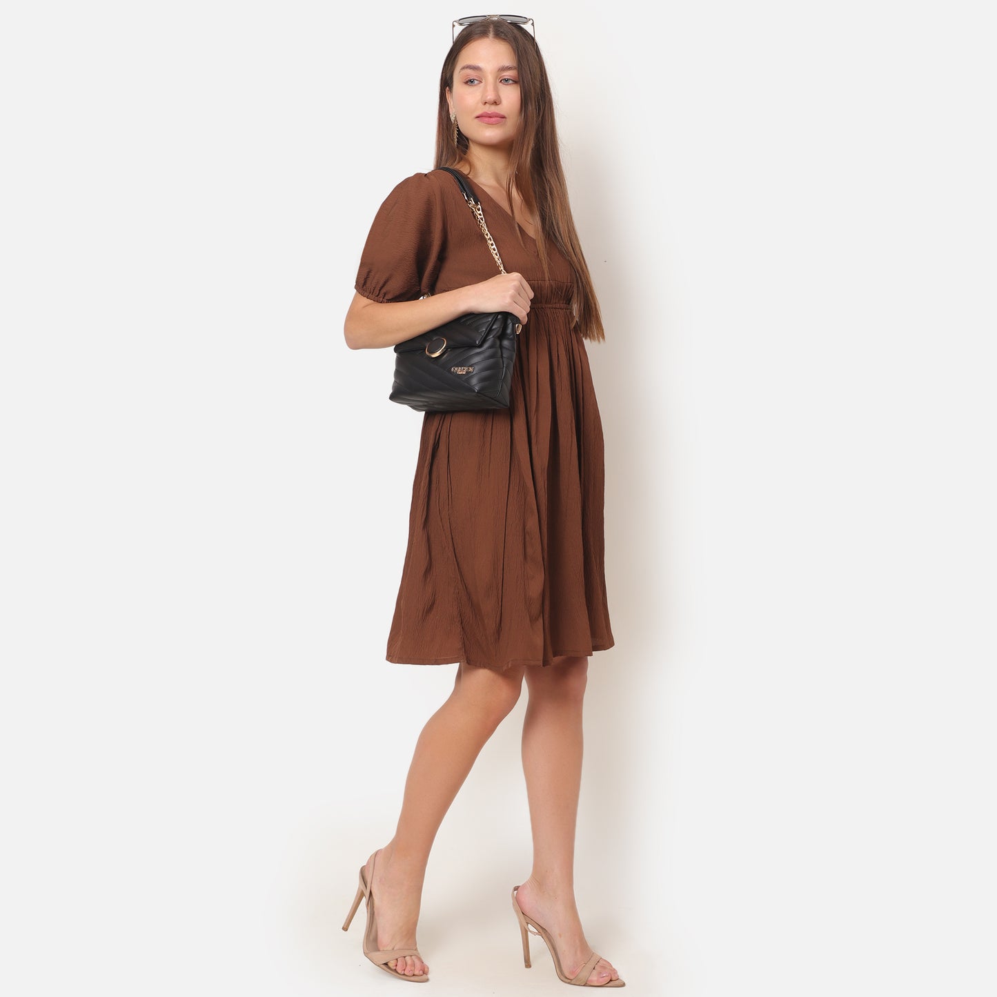 Women Brown Solid Flared Dress