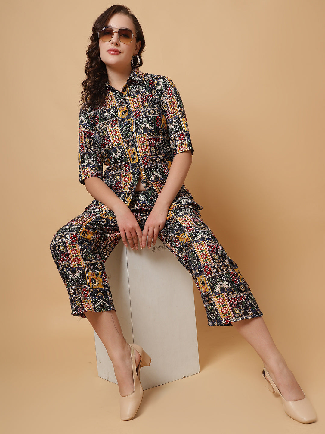 Women Navy Blue Printed Shirt Co-Ords.