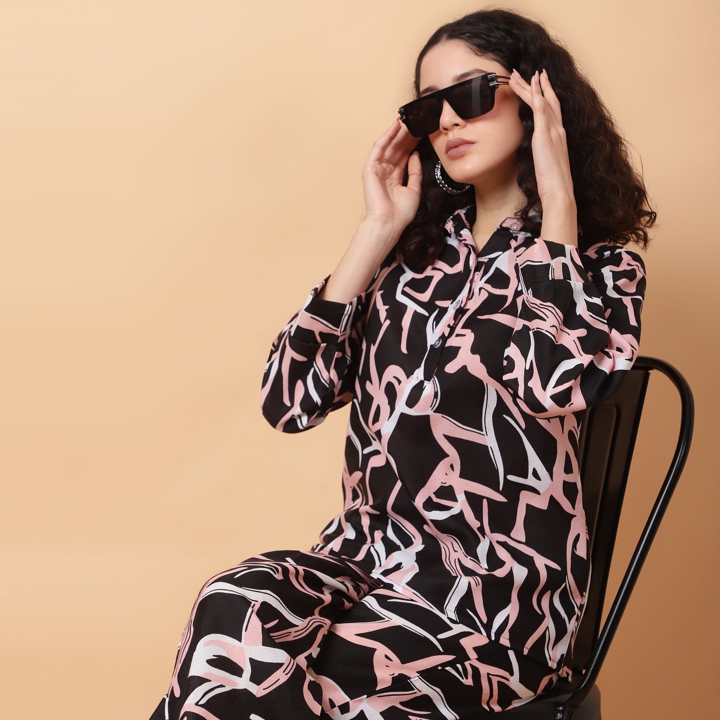 Women Black Printed Shirt Co-Ords