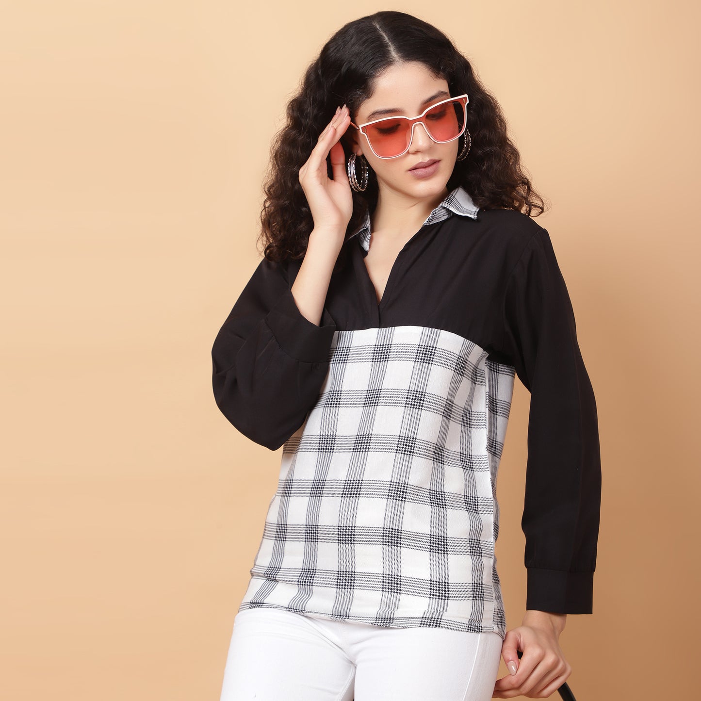 Women Check White & Black Casual Collar Shirt