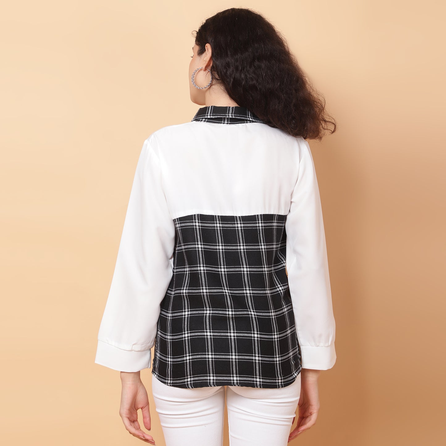 Women Check Black & White Casual Collar Shirt