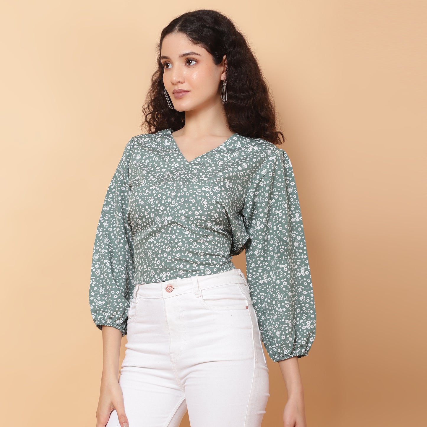 Women Green V-Neck Crop Top