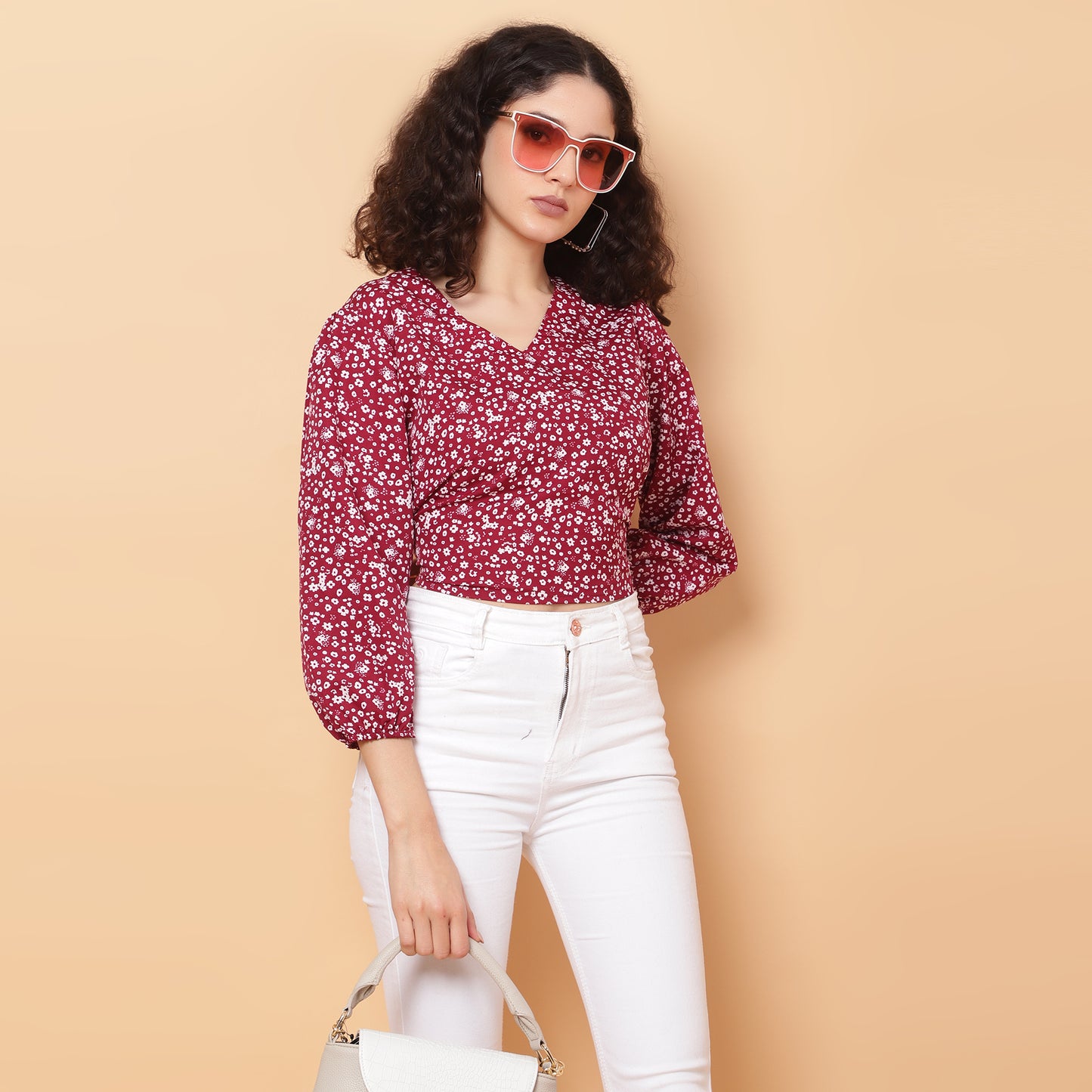 Women Maroon V-Neck Crop Top