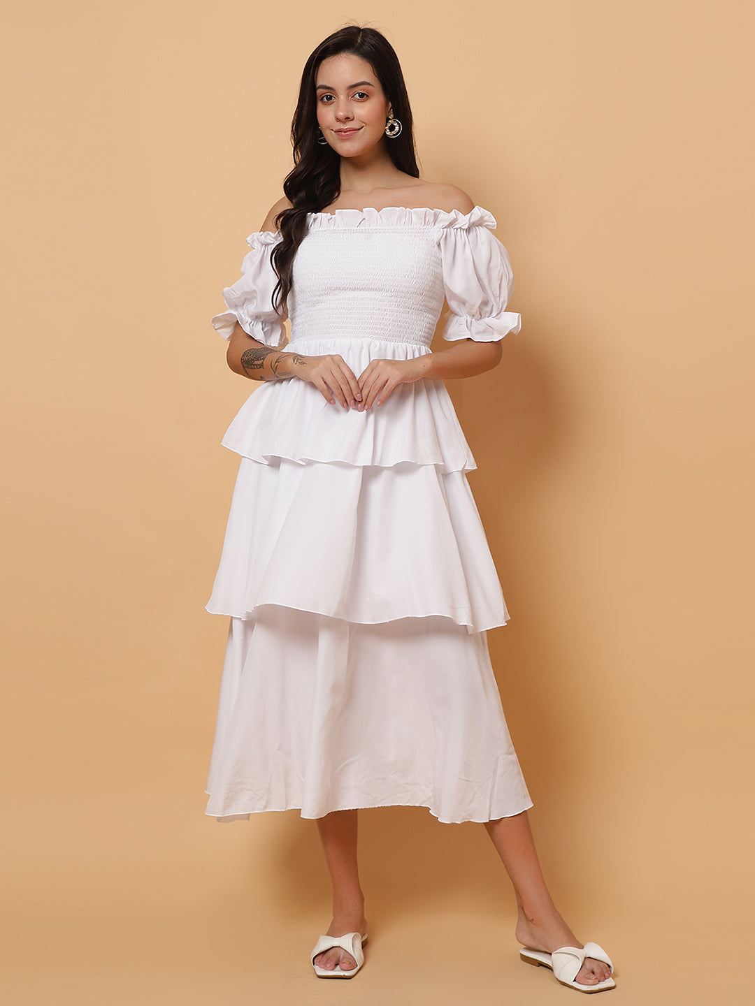 Women White Off-Shoulder Layered Long Dress
