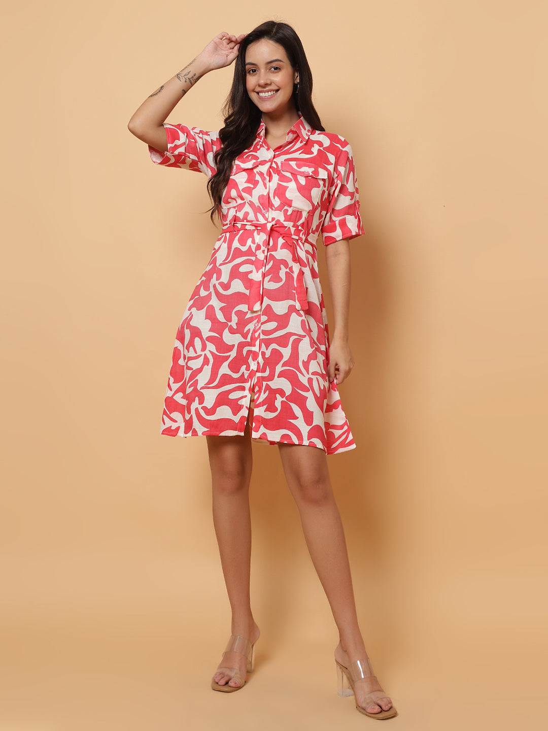 Women Red Printed Shirt Style Dress